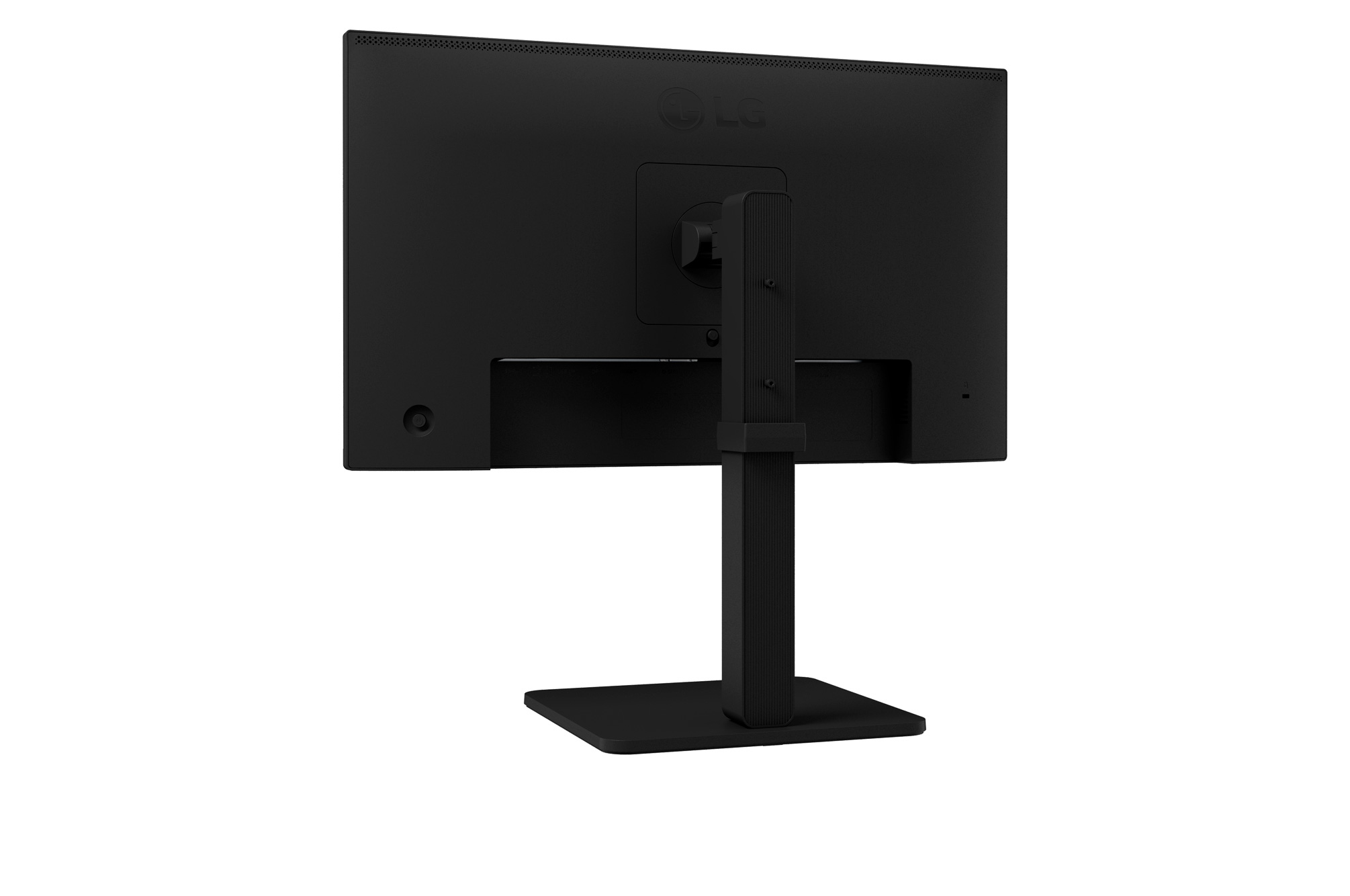 Vista posteriore di un monitor nero con il logo LG e supporto. Le porte sono visibili a sinistra.