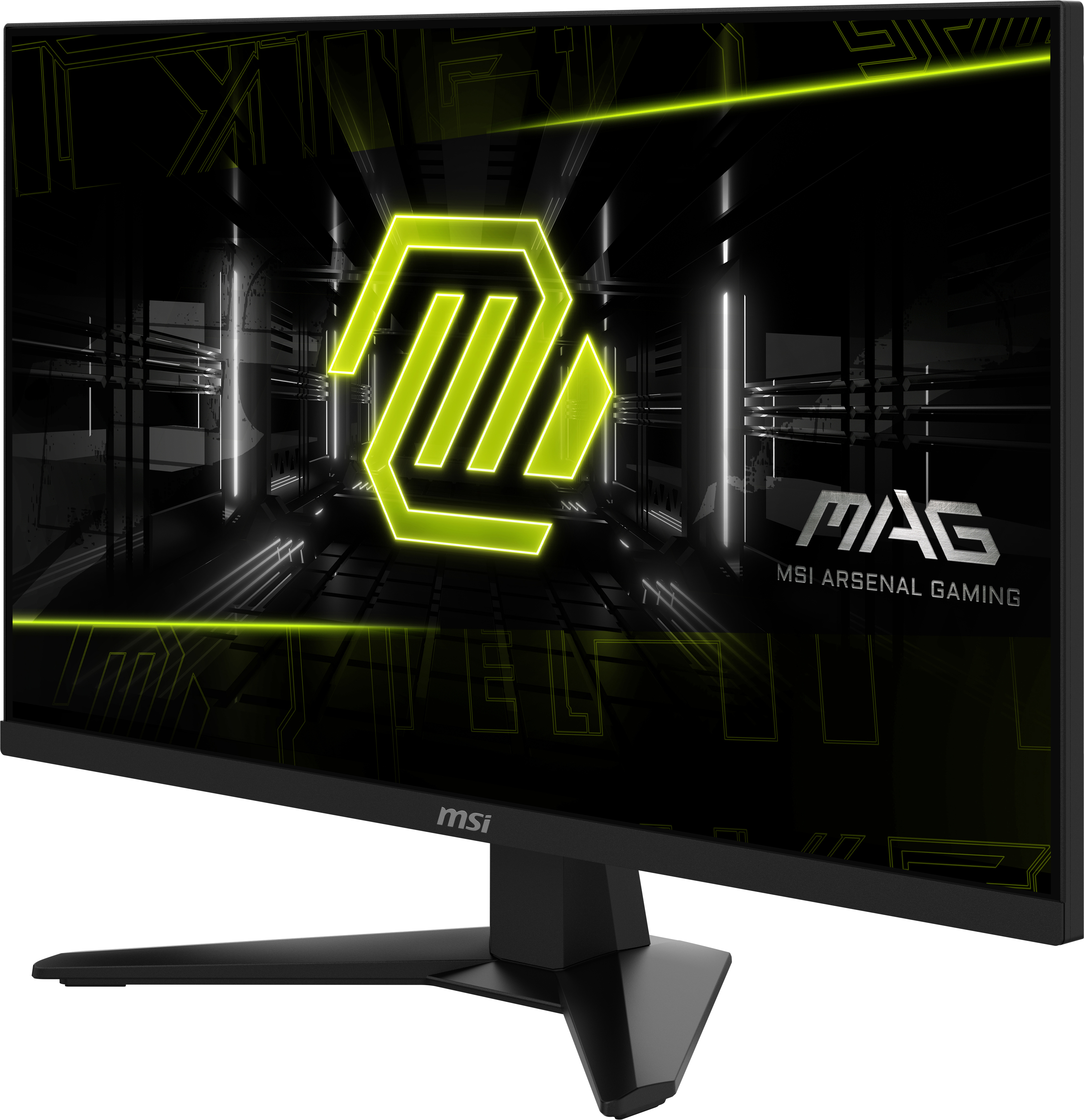 Monitor do gier MSI, pod kątem, czarna ramka, neonowe zielone logo, futurystyczny design.
