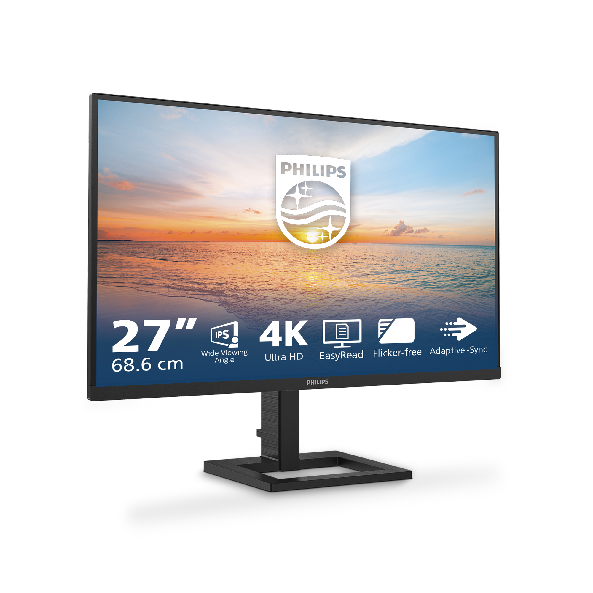 Moniteur 27 pouces 4K, cadre noir, fond plage, et logo Philips.