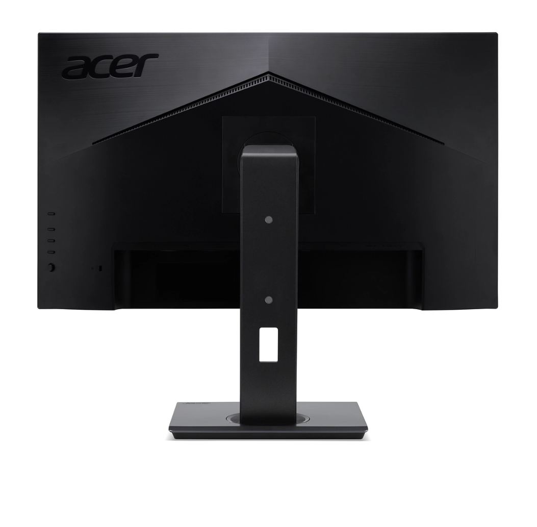 Retro di un monitor Acer nero con supporto. Mostra il logo Acer, le porte e le prese d'aria.