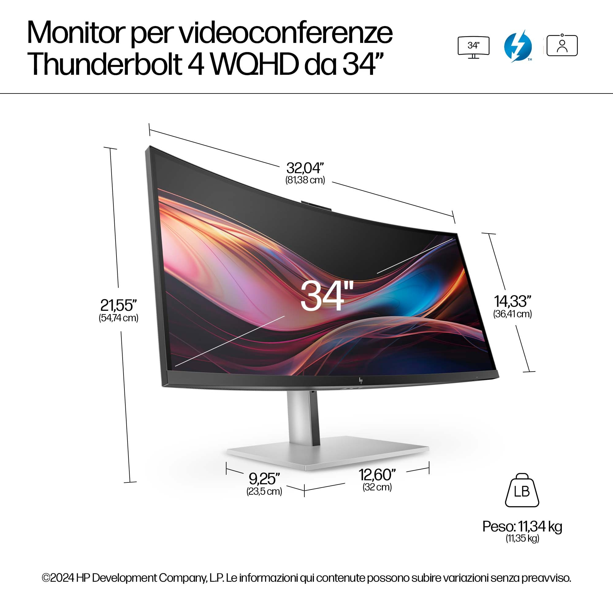 Un monitor curvo HP, con dimensiones y un peso de 11,35 kg. Bisel negro, base plateada.