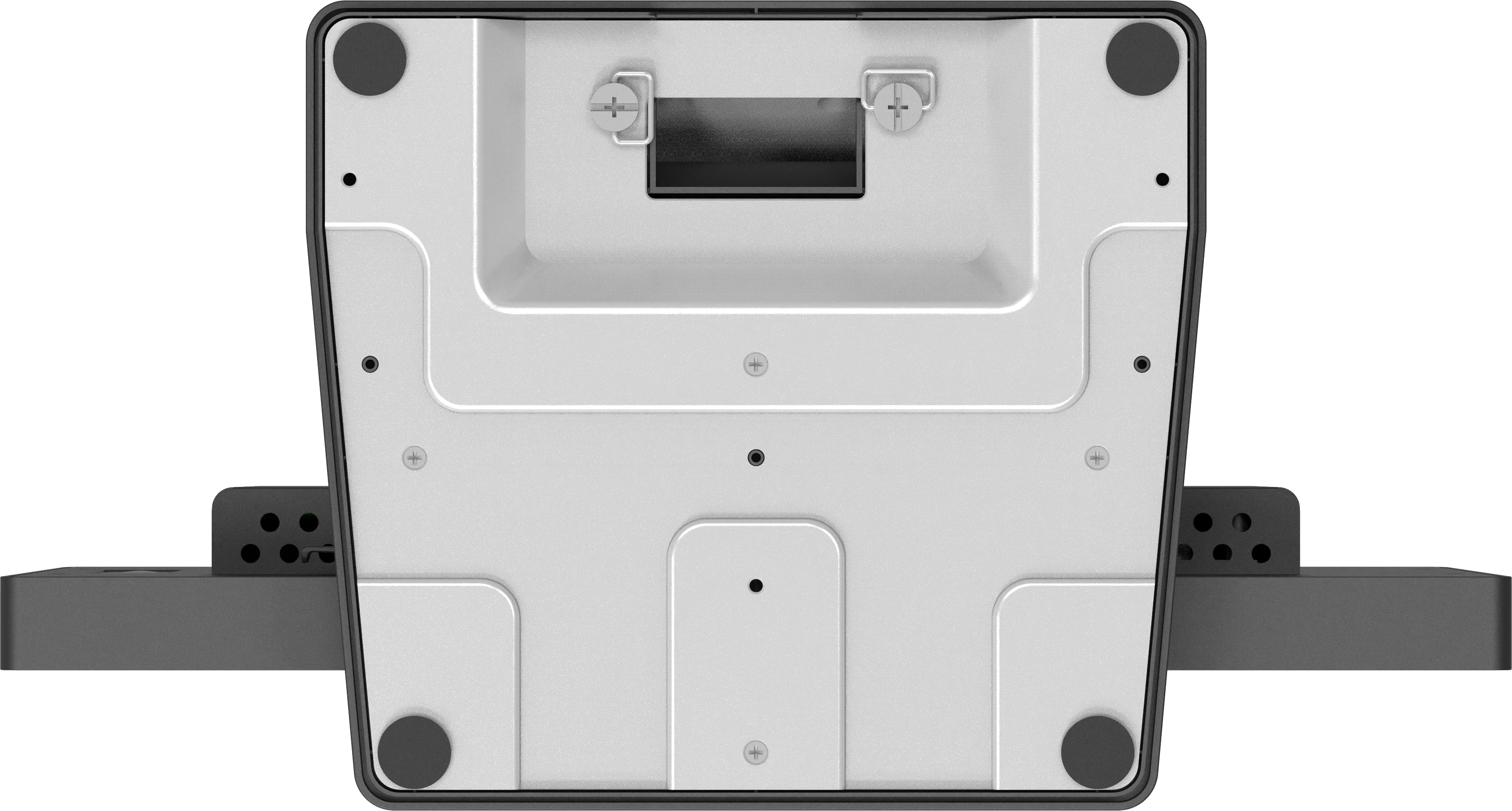 Spód monitora. Szary i czarny ze śrubami, gumowymi nóżkami i centralnym wgłębieniem. Poziome paski.