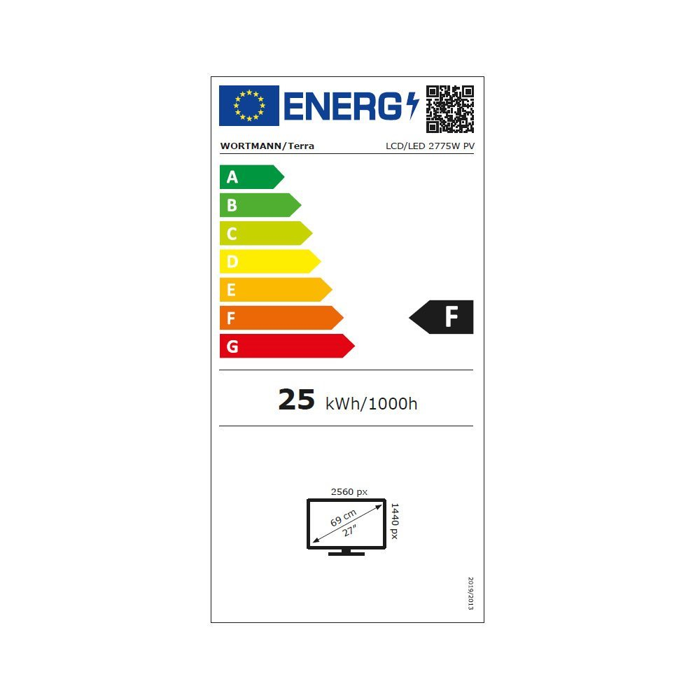 Etiqueta energética muestra información de eficiencia para monitor Wortmann/Terra, calificado F.