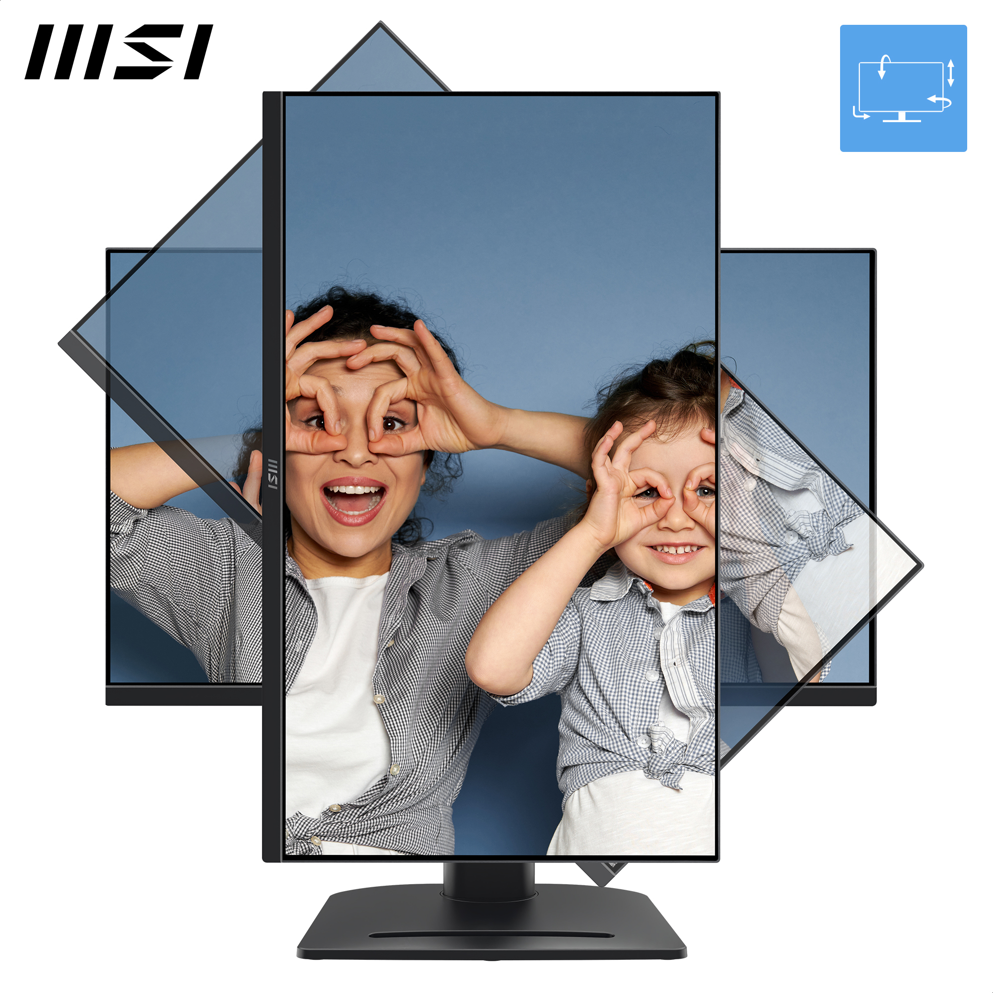 Dos personas hacen un círculo con los dedos alrededor de sus ojos. El monitor está presente.