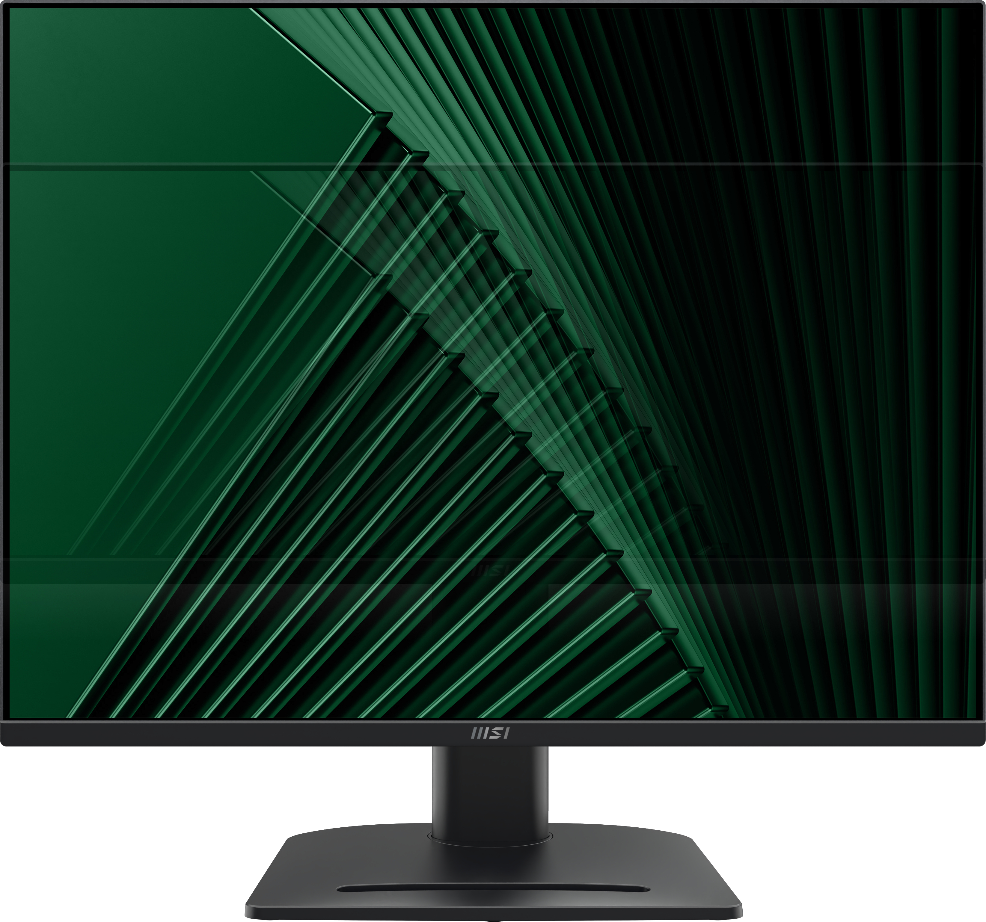 Monitor negro que muestra un patrón geométrico verde en su pantalla, sobre un fondo blanco.