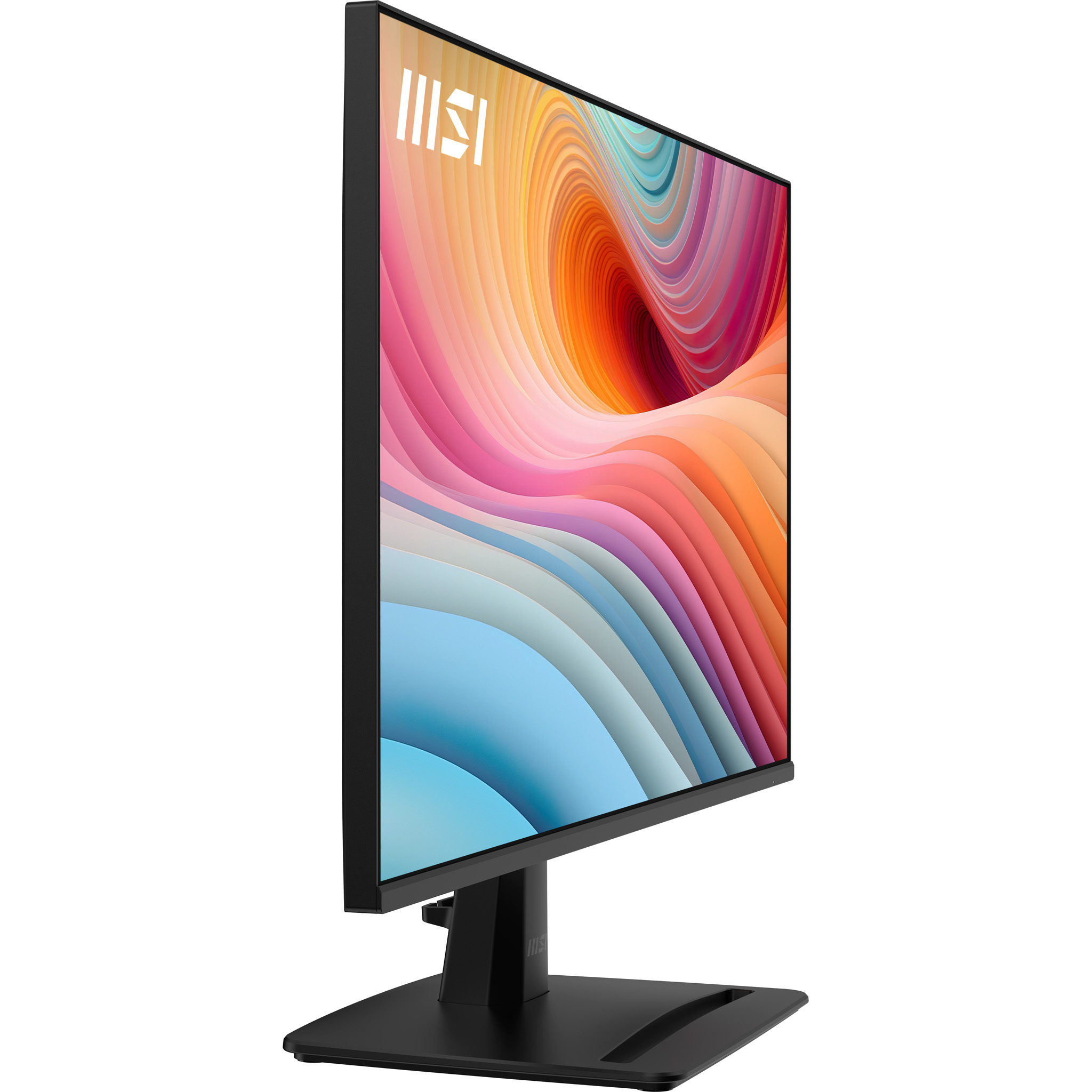 Monitor MSI con una pantalla abstracta colorida. El monitor tiene un bisel y un soporte negros. Visto de lado.