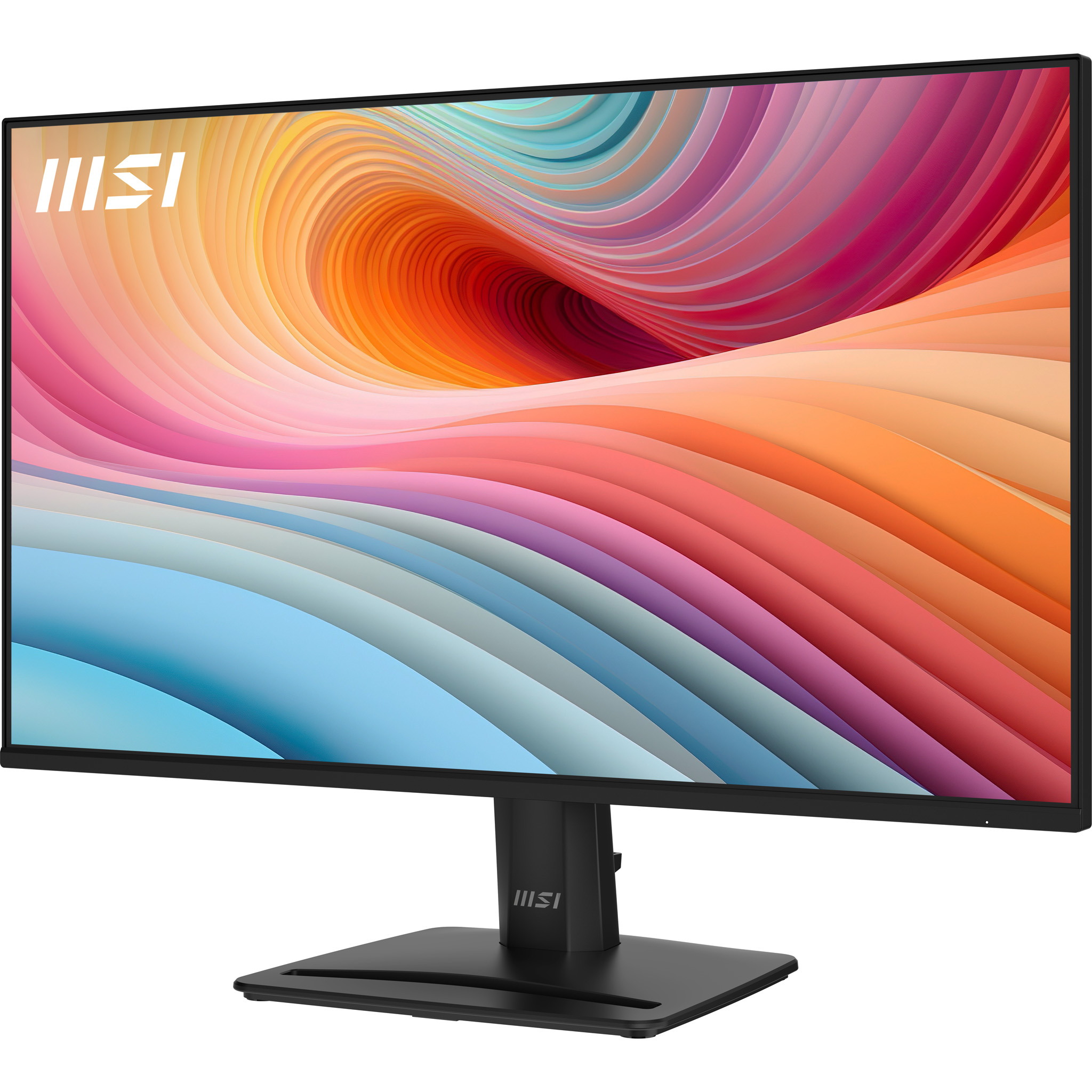 Monitor MSI mostrando un diseño abstracto y colorido. Marco y soporte negros.