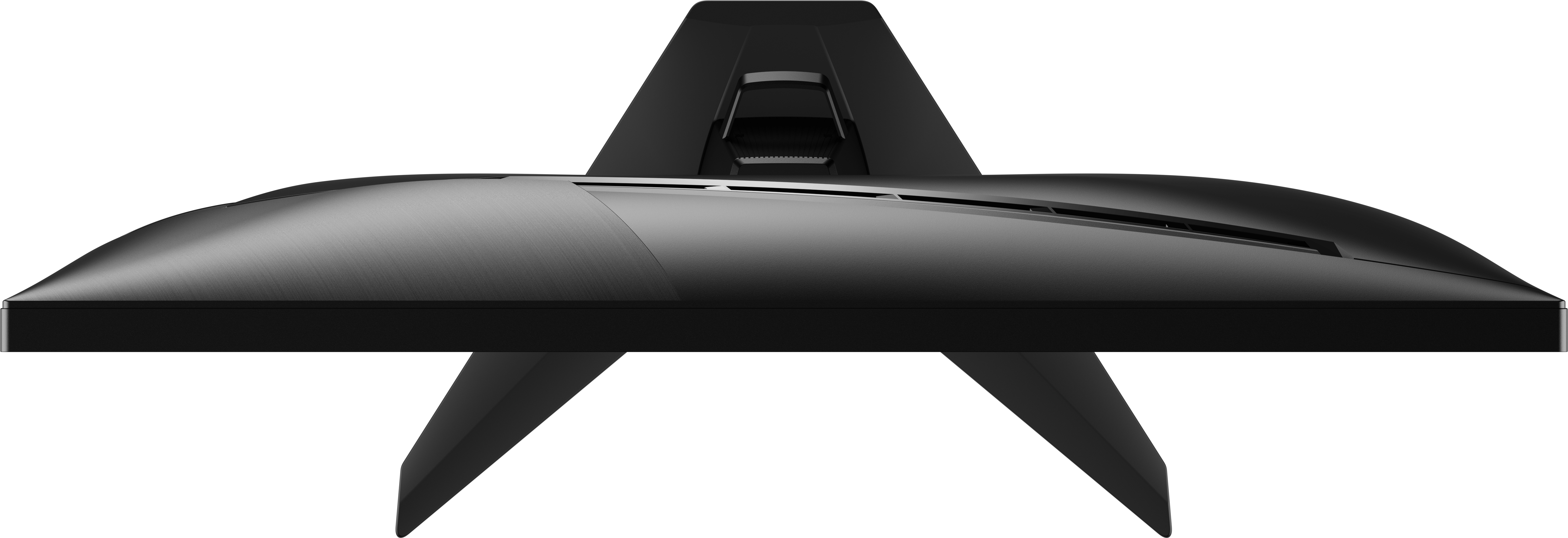 Widok z góry na czarny monitor ze stojakiem, białe tło.