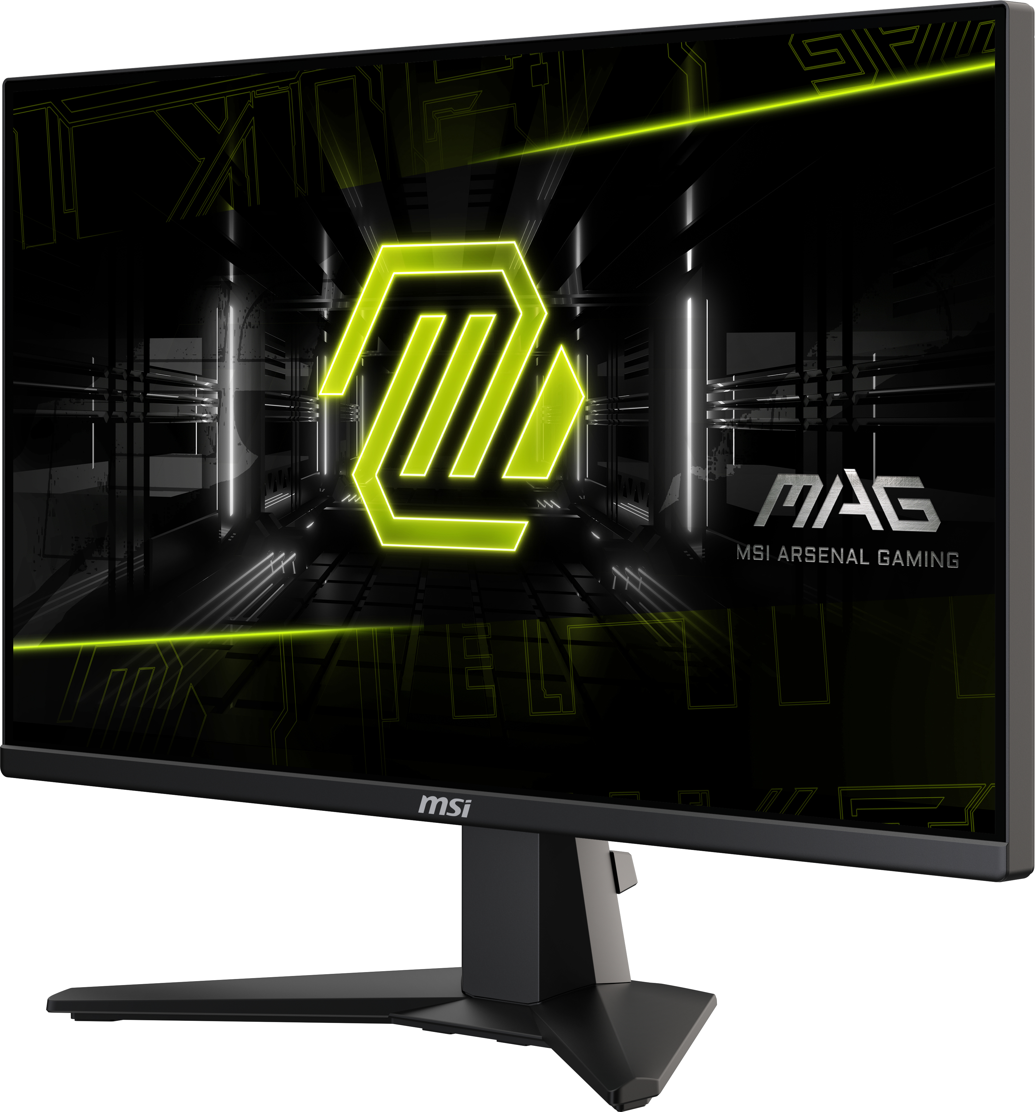 Monitor gaming MSI wyświetlający zielono-żółtą grafikę na ciemnym tle. Monitor jest czarny.