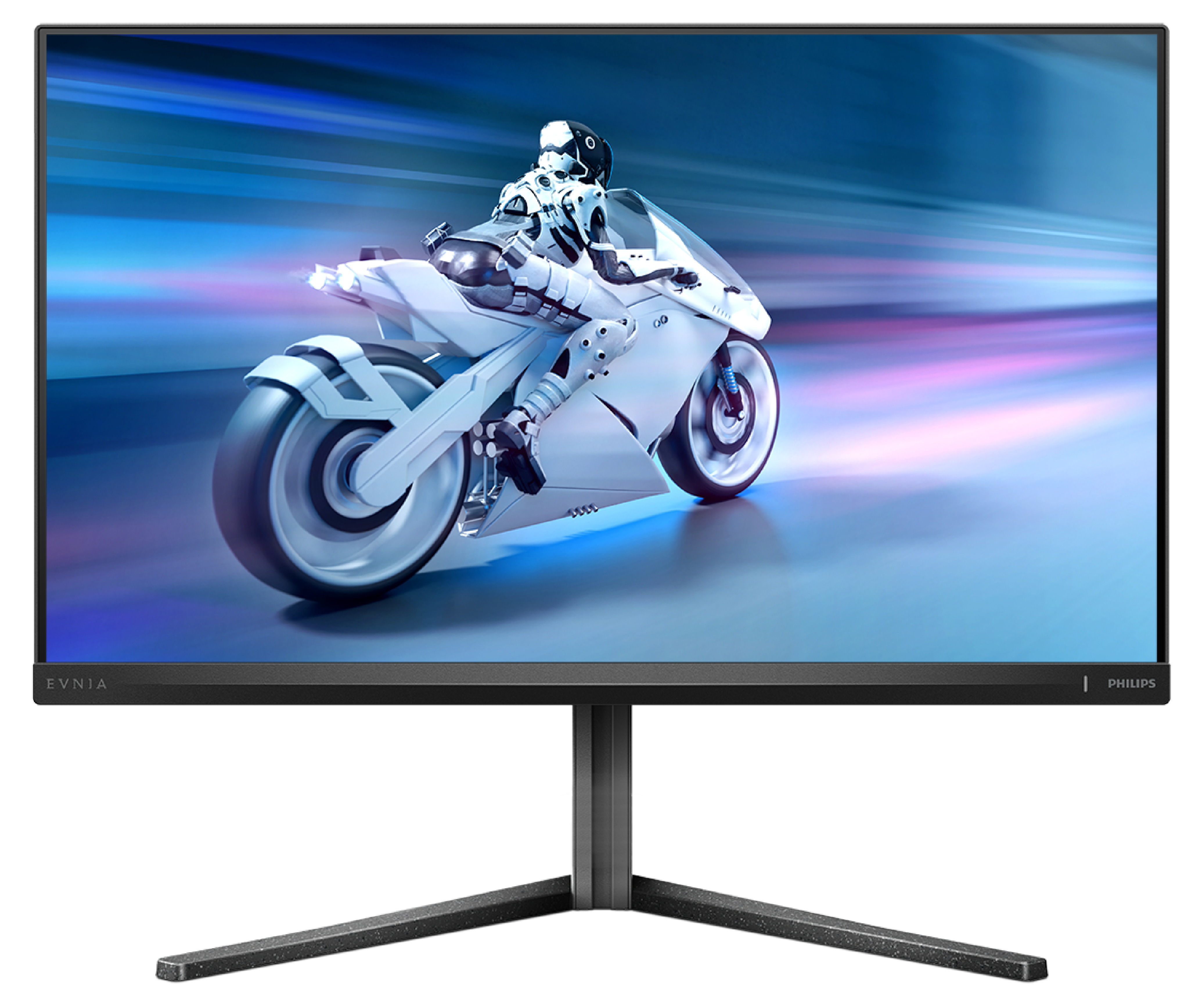 Mavi ve beyaz bir arka plan üzerinde fütüristik bir motosiklet yarışçısı gösteren monitör.