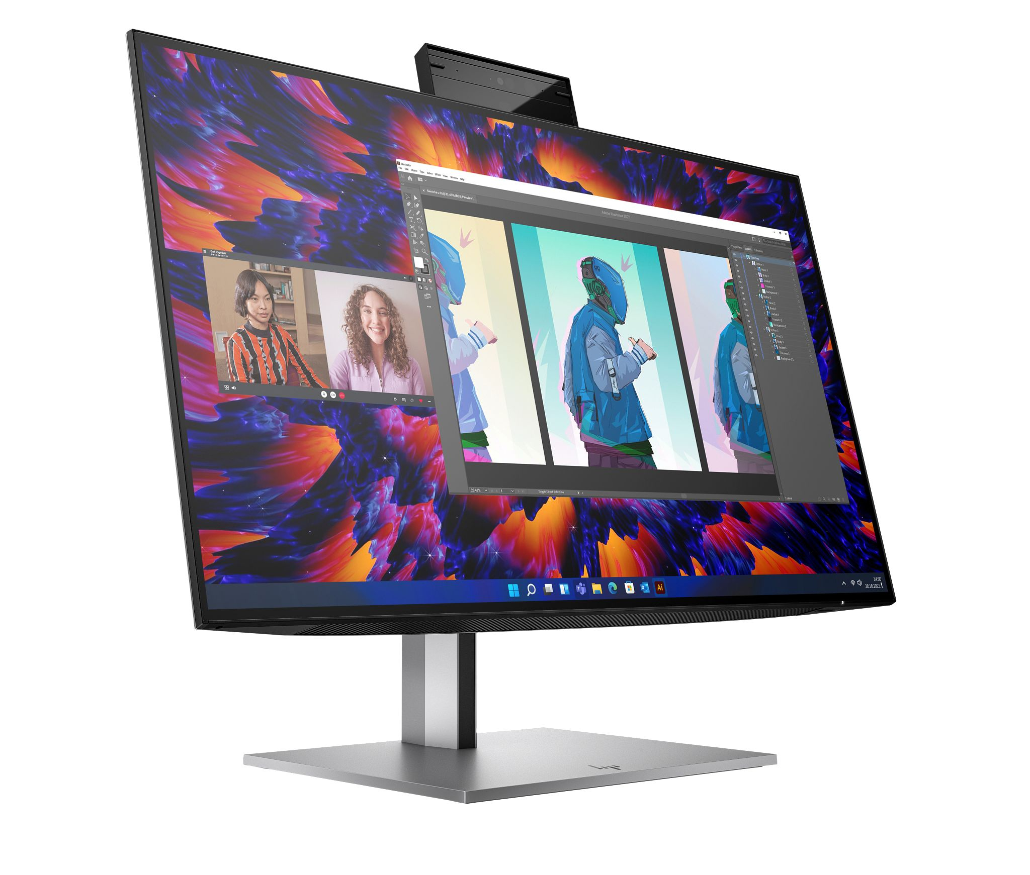 An HP monitor with a webcam displaying video calls and a design software interface.