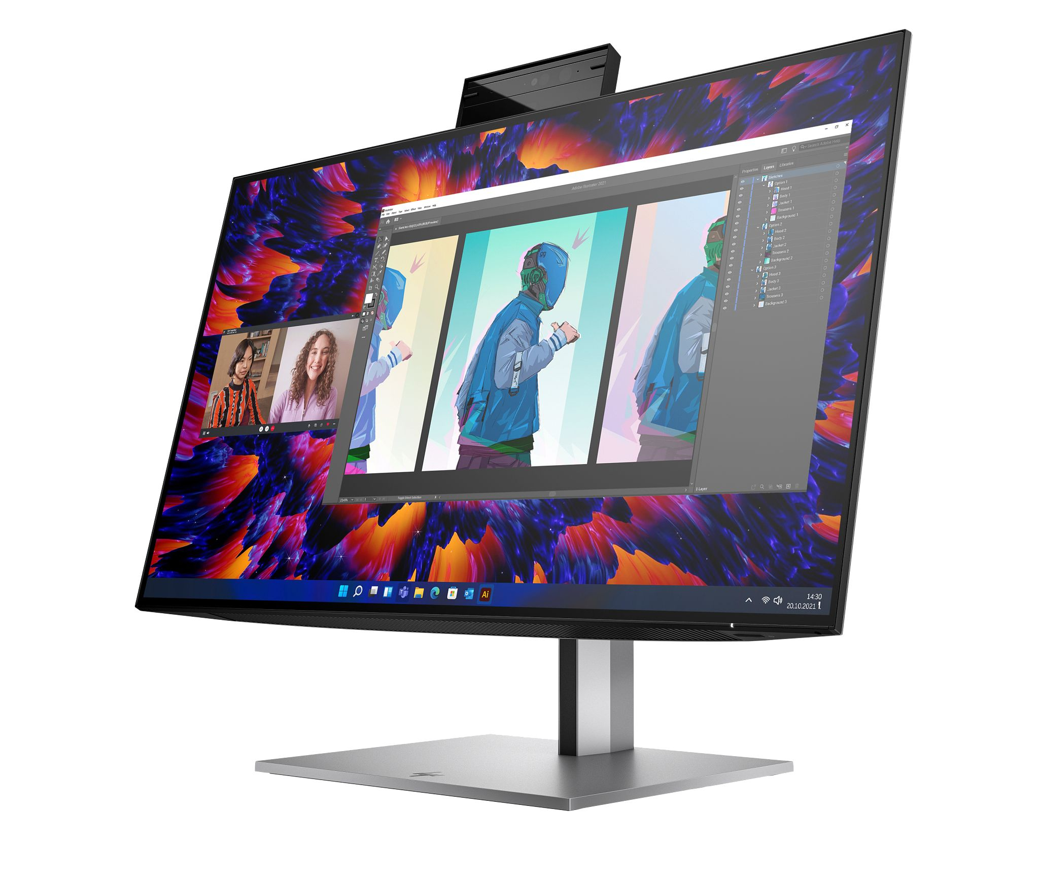 An HP monitor with webcam and a screen displaying video calls and a design software interface.