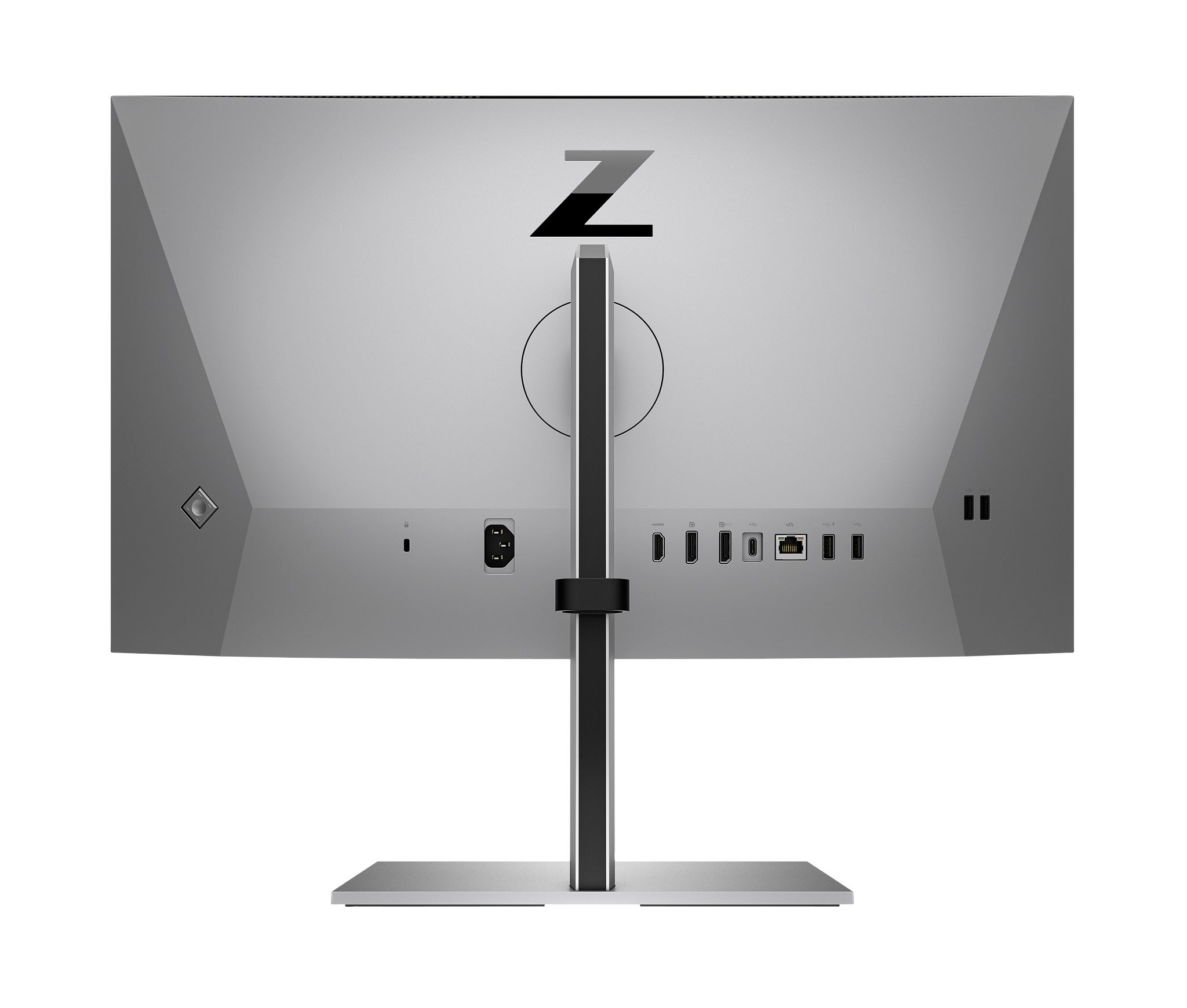 The back of an HP monitor with ports, stand and the 'Z' logo.