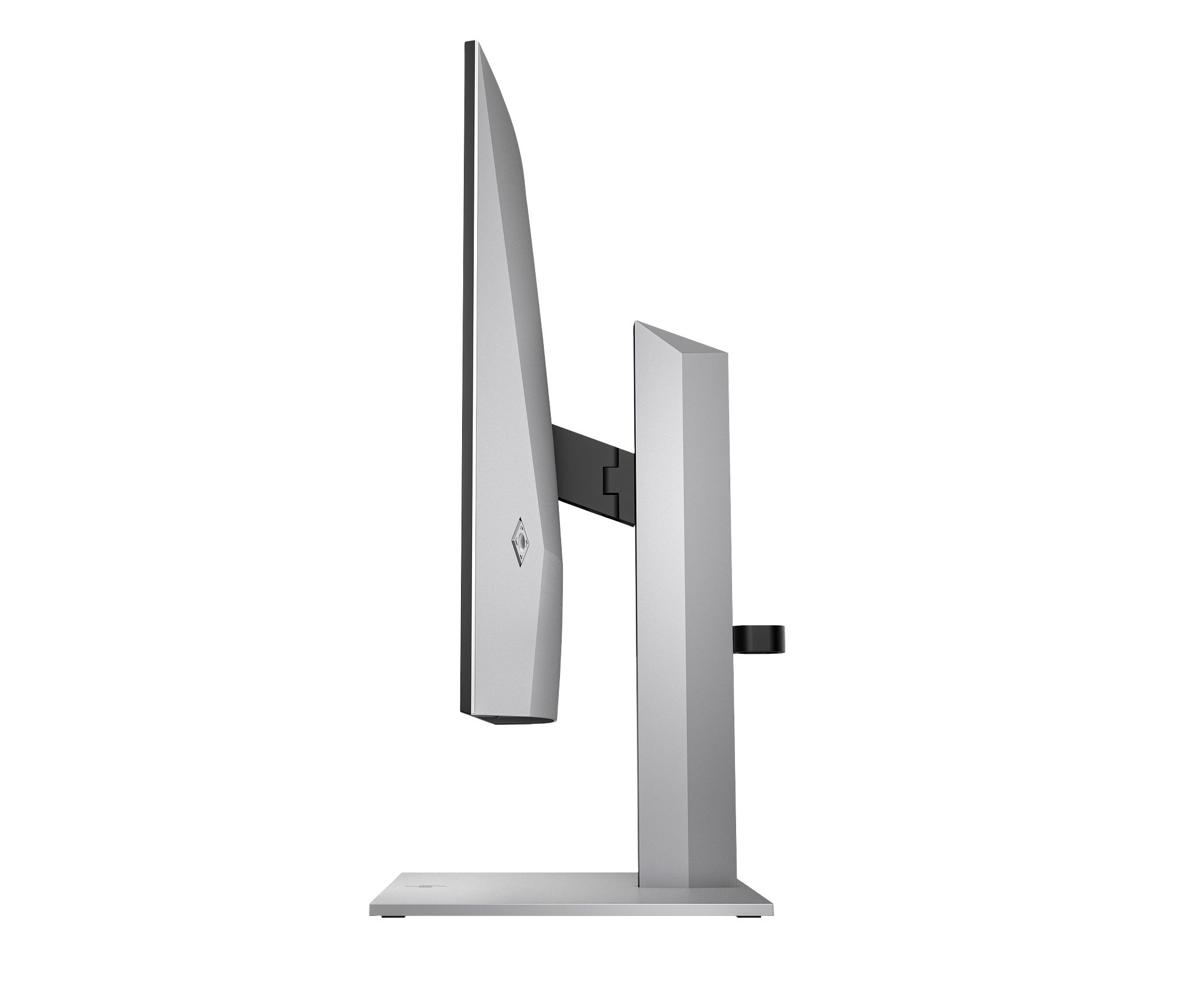 Side view of a monitor. Silver frame with a black stand. Monitor is thin with a logo and a stand.