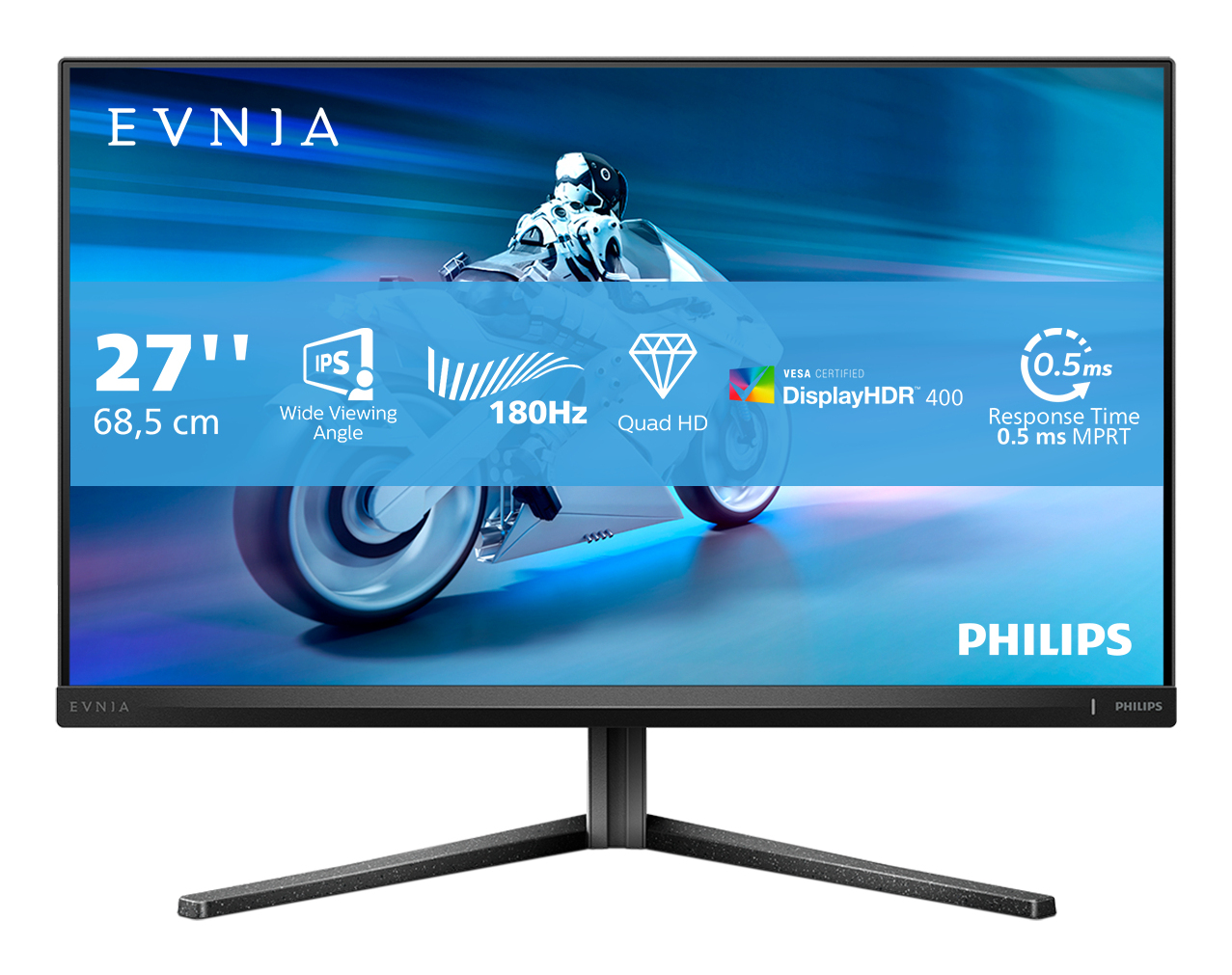 Motosiklet görüntüsü ve ekran özelliklerine sahip bir Philips monitör.