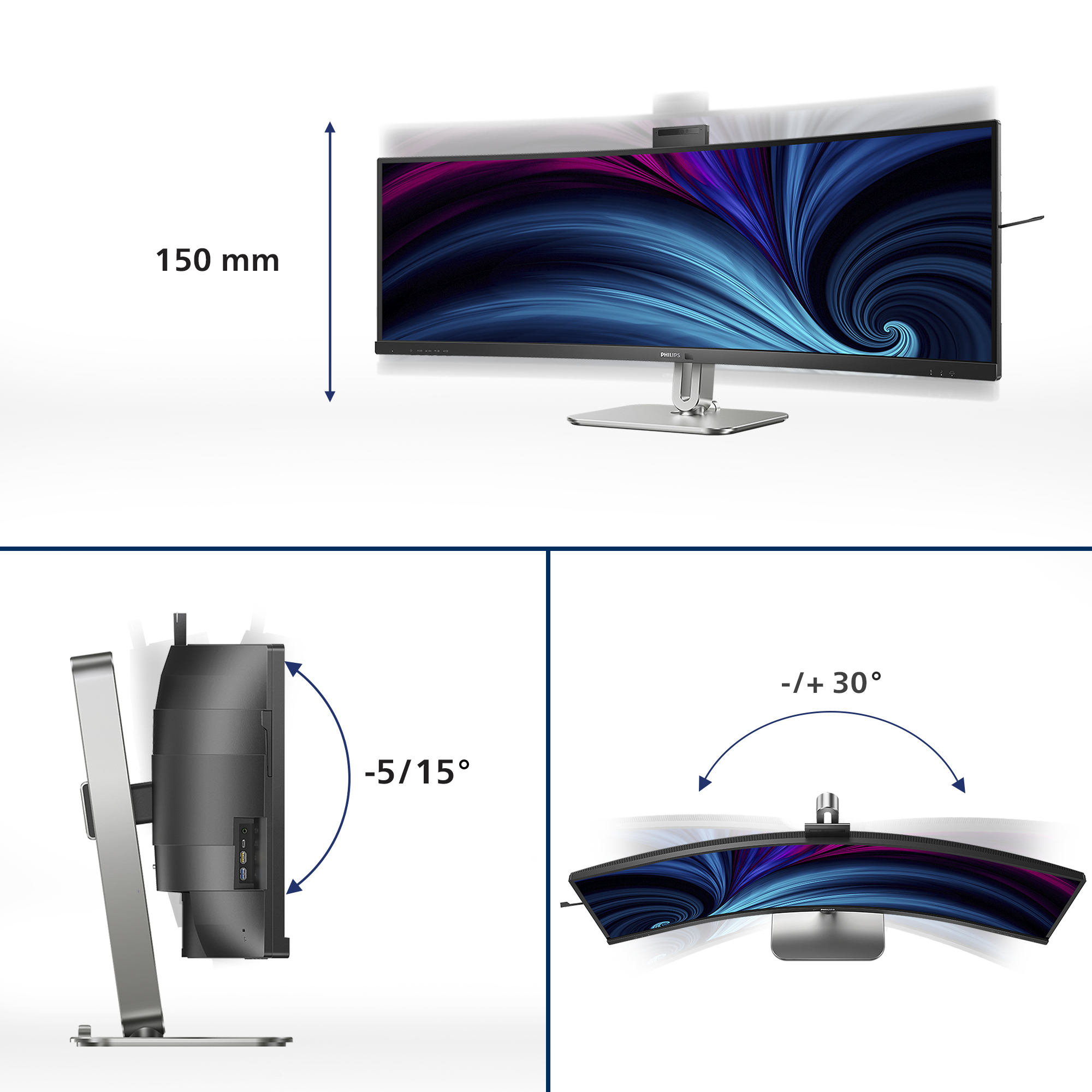 Zakrzywiony monitor Philips z regulowaną podstawą i szczegółami obrotu ekranu.