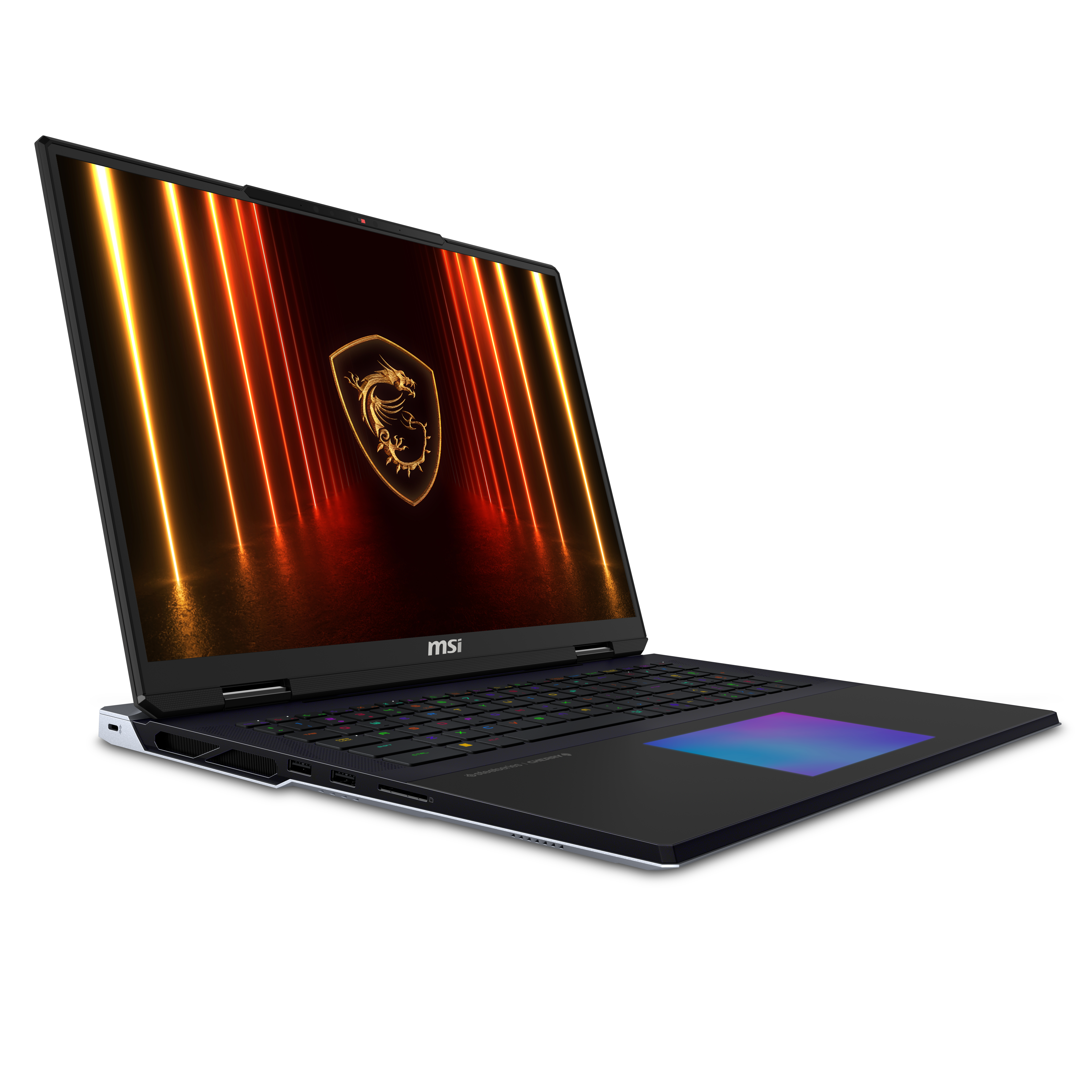 Laptop auf weißem Hintergrund, Bildschirm zeigt feurige Szene, MSI-Logo oben.