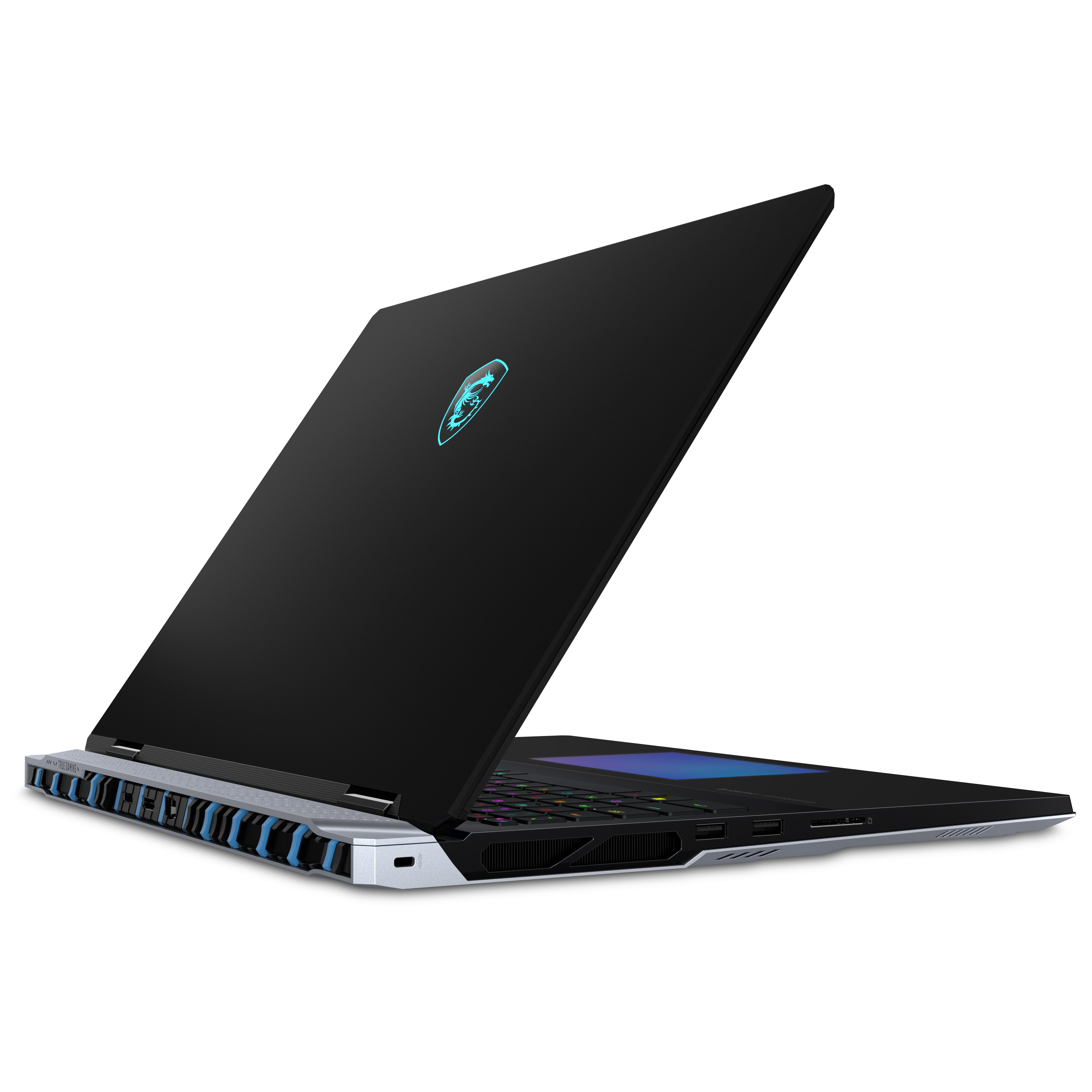 MSI-Laptop, schwarz, offen, schräge Ansicht. Logo auf dem Deckel. Hintergrundbeleuchtete Tastatur sichtbar.