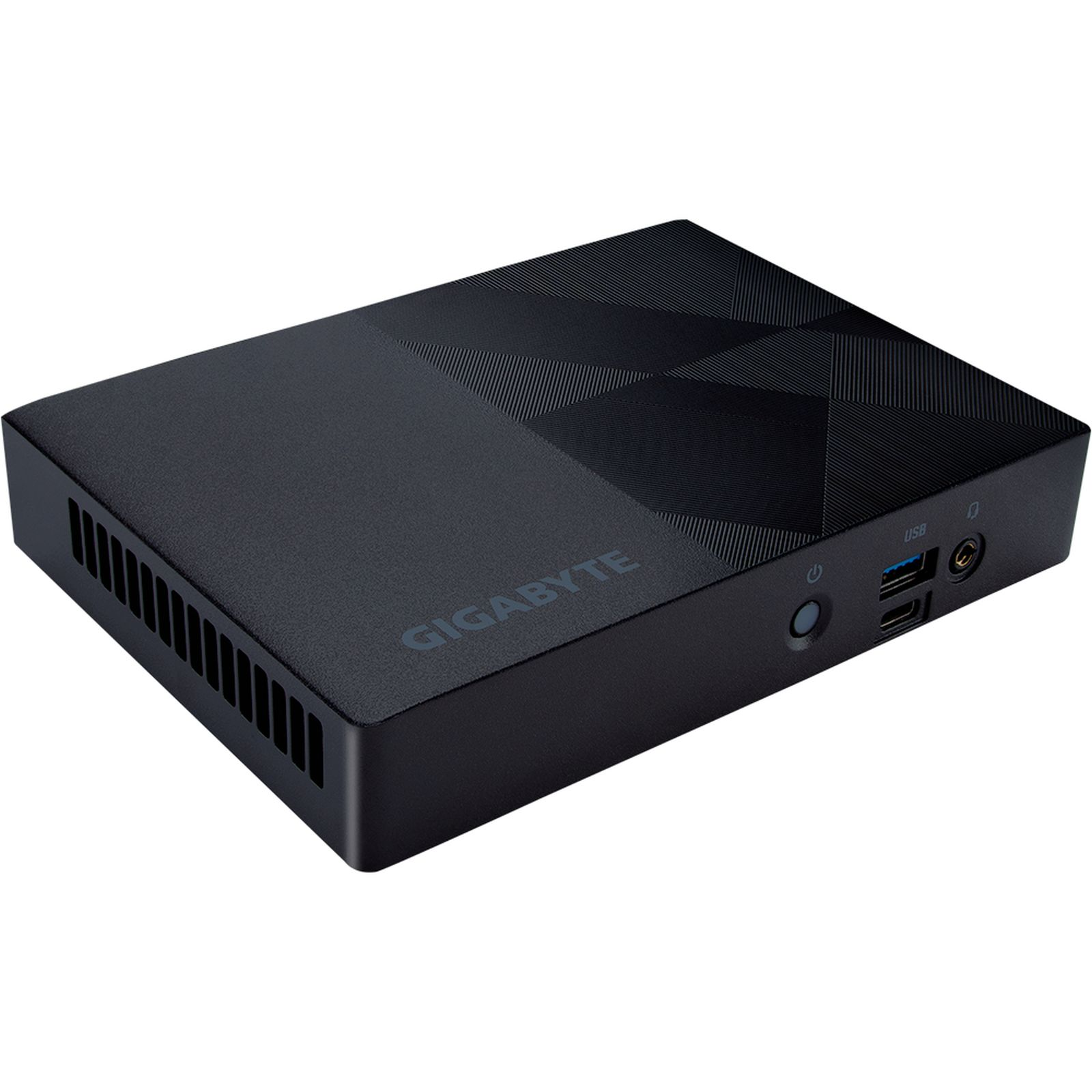 Mini PC negro Gigabyte. Parte superior con diseño. Frente con puertos, botón de encendido y logotipo USB. Lateral con ranuras.