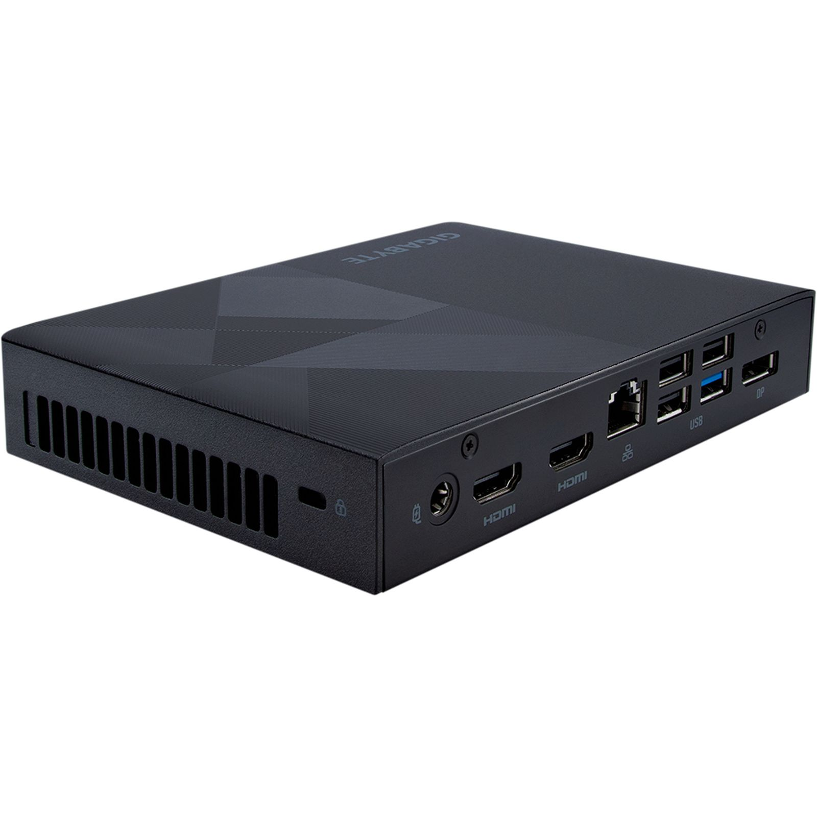 Mini PC negro con puertos, vista frontal. El fondo es blanco.
