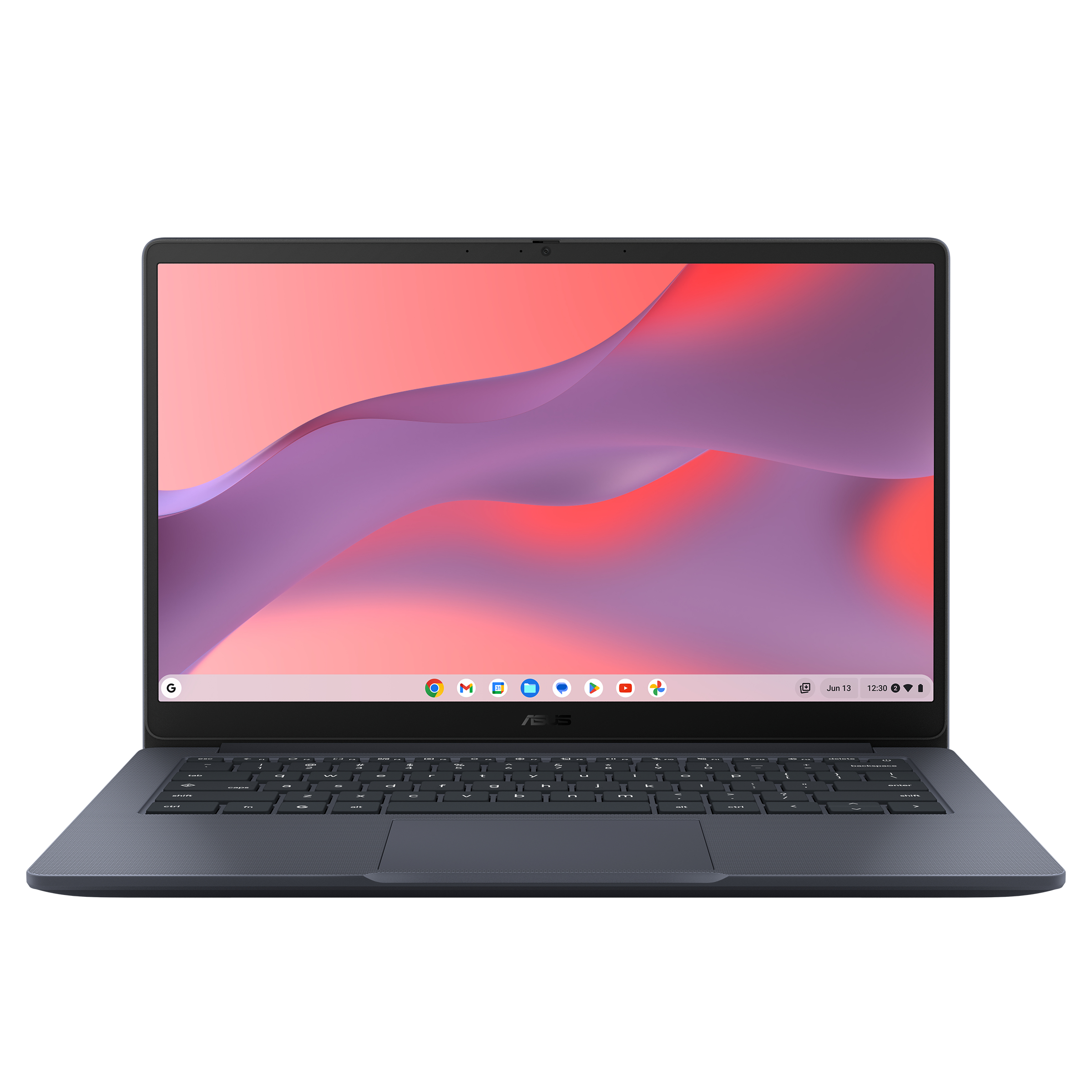 Laptop auf weißem Hintergrund, geöffnet. Zeigt einen farbenfrohen Bildschirm mit Google und Apps. Grauer Laptop.