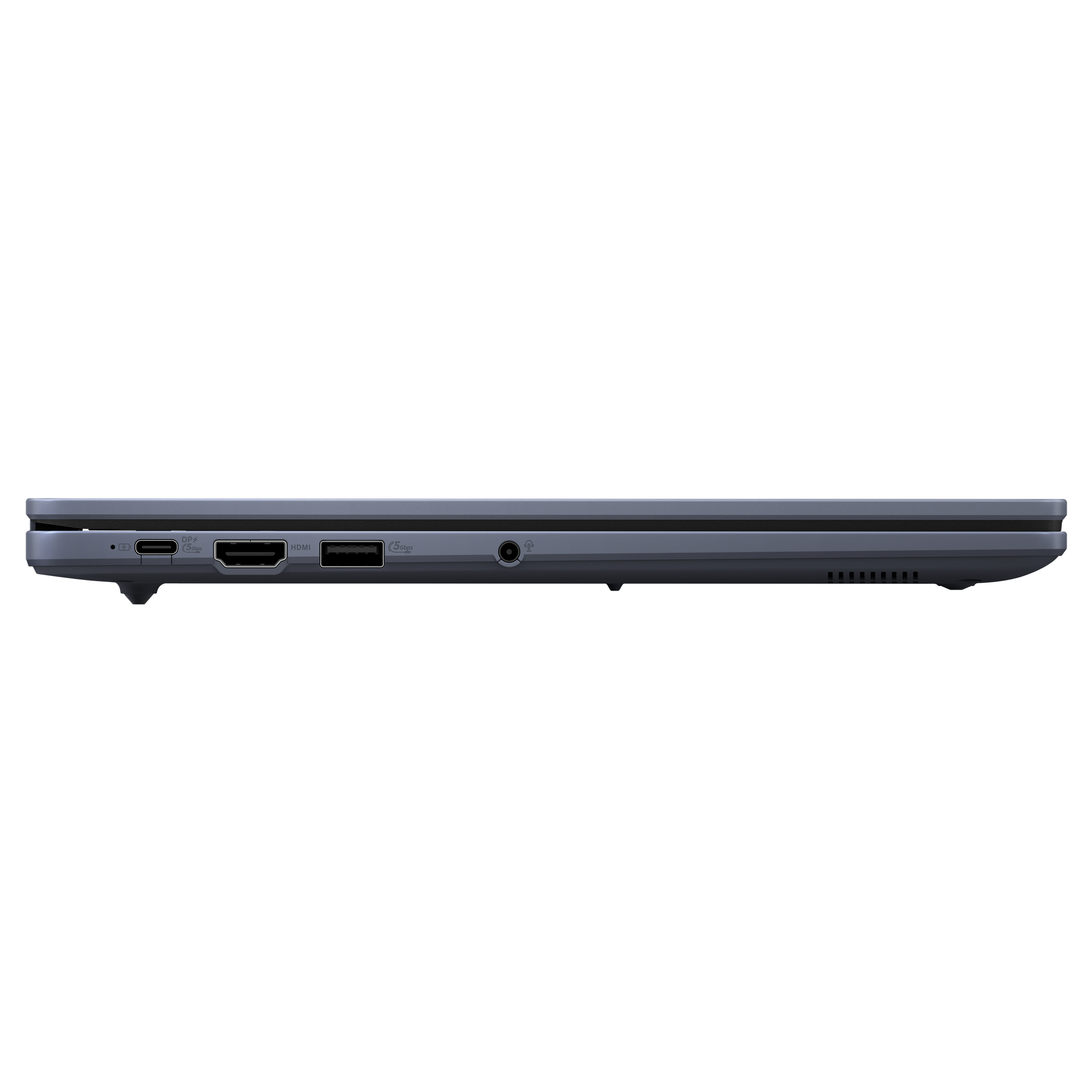 Seitenansicht eines Laptops. Er ist grau, mit Anschlüssen auf der linken Seite.