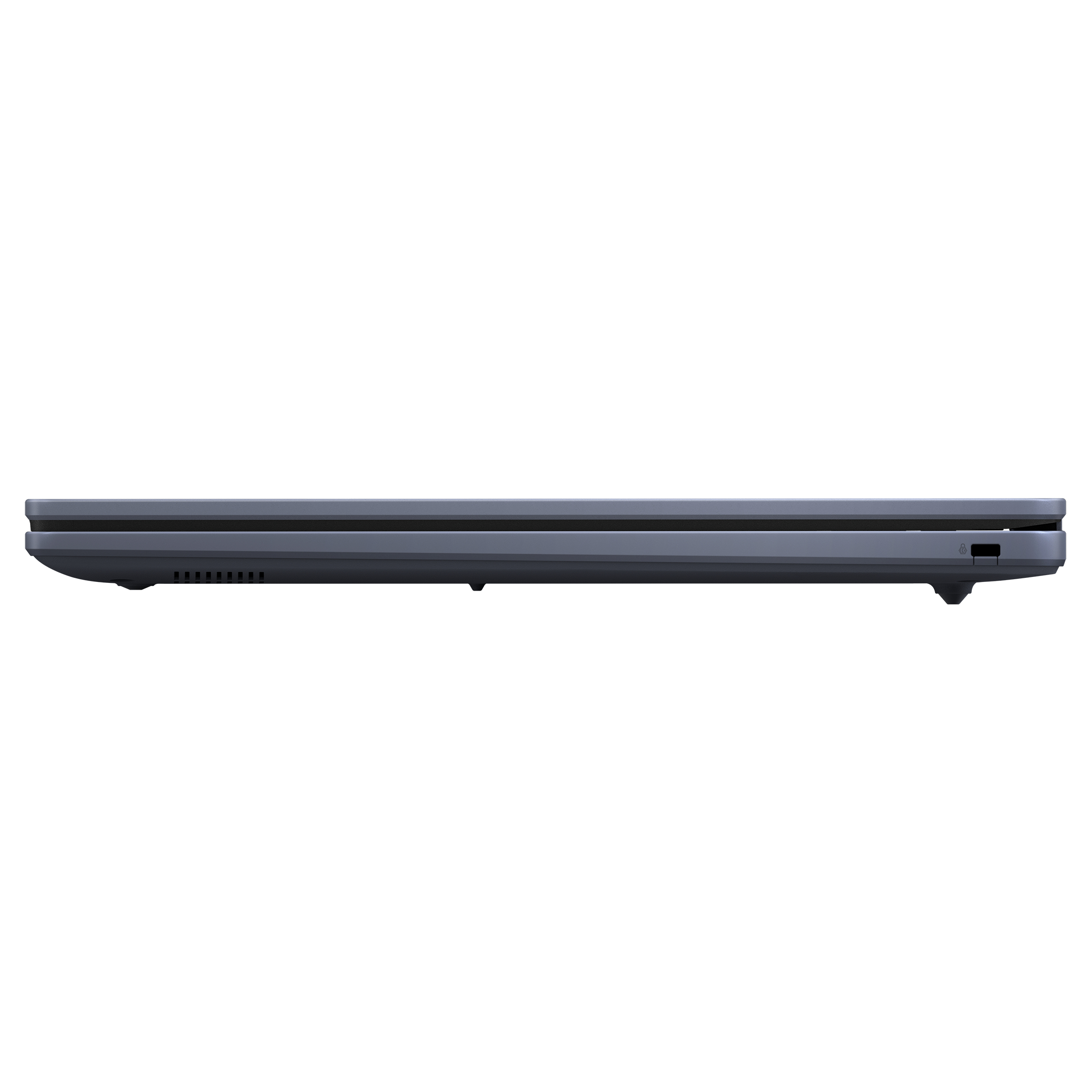 Seitenansicht eines geschlossenen Laptops. Der Laptop ist grau und hat ein schlankes Design.