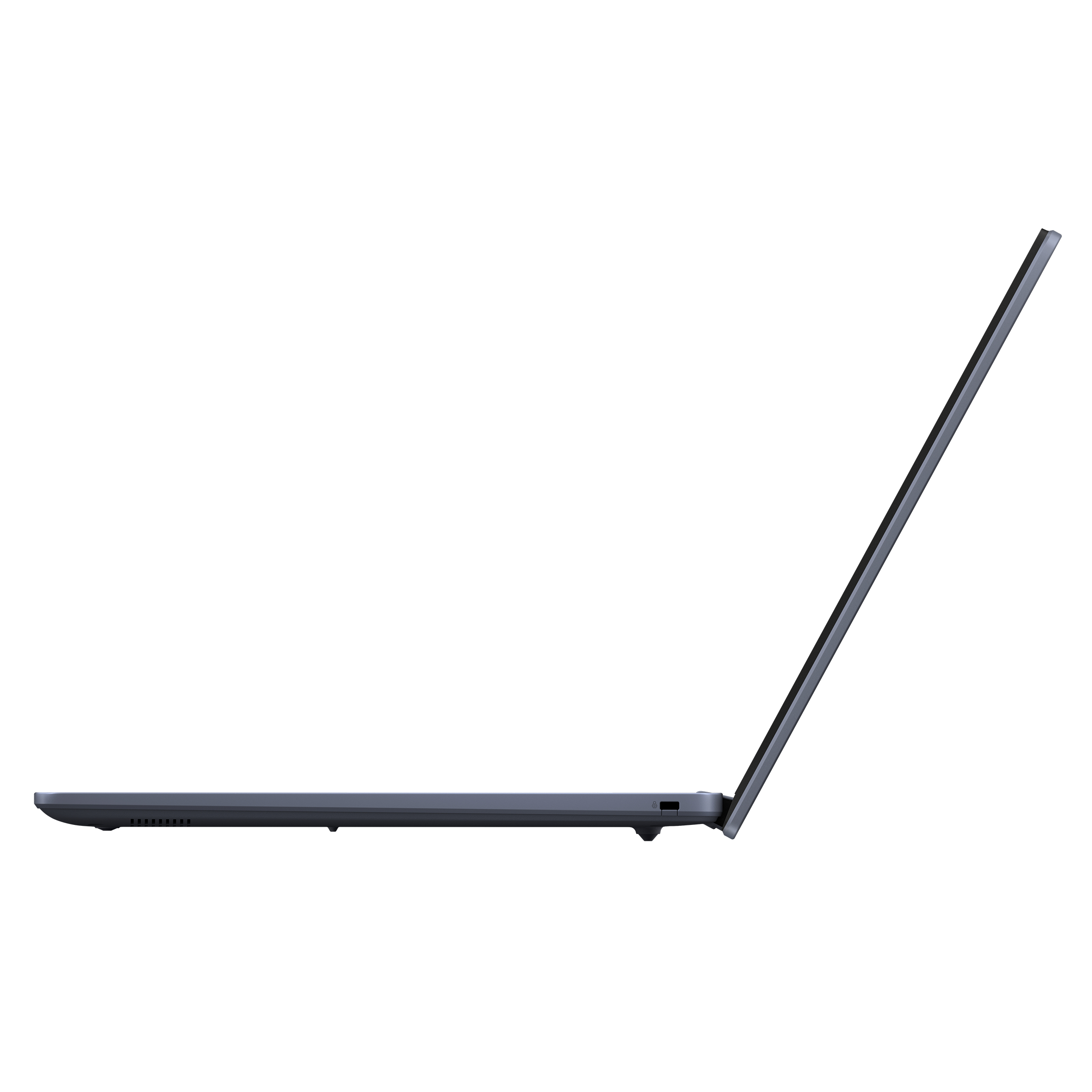 Seitenansicht eines Laptops, teilweise geöffnet. Der Bildschirm ist sichtbar. Er ist grau, vor weißem Hintergrund.