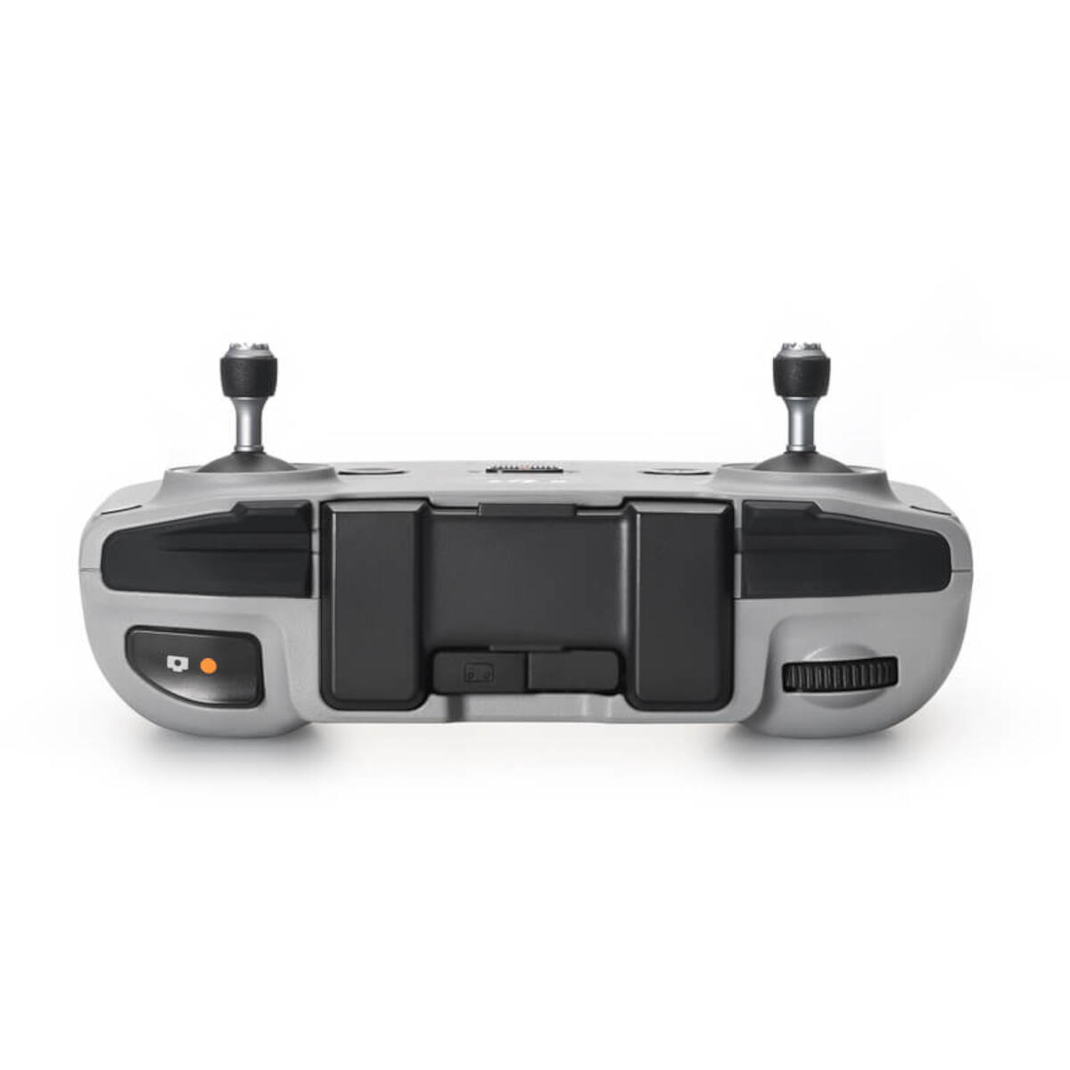 Kontroler drona, szary i czarny, z dwoma joystickami i przyciskiem na białym tle.