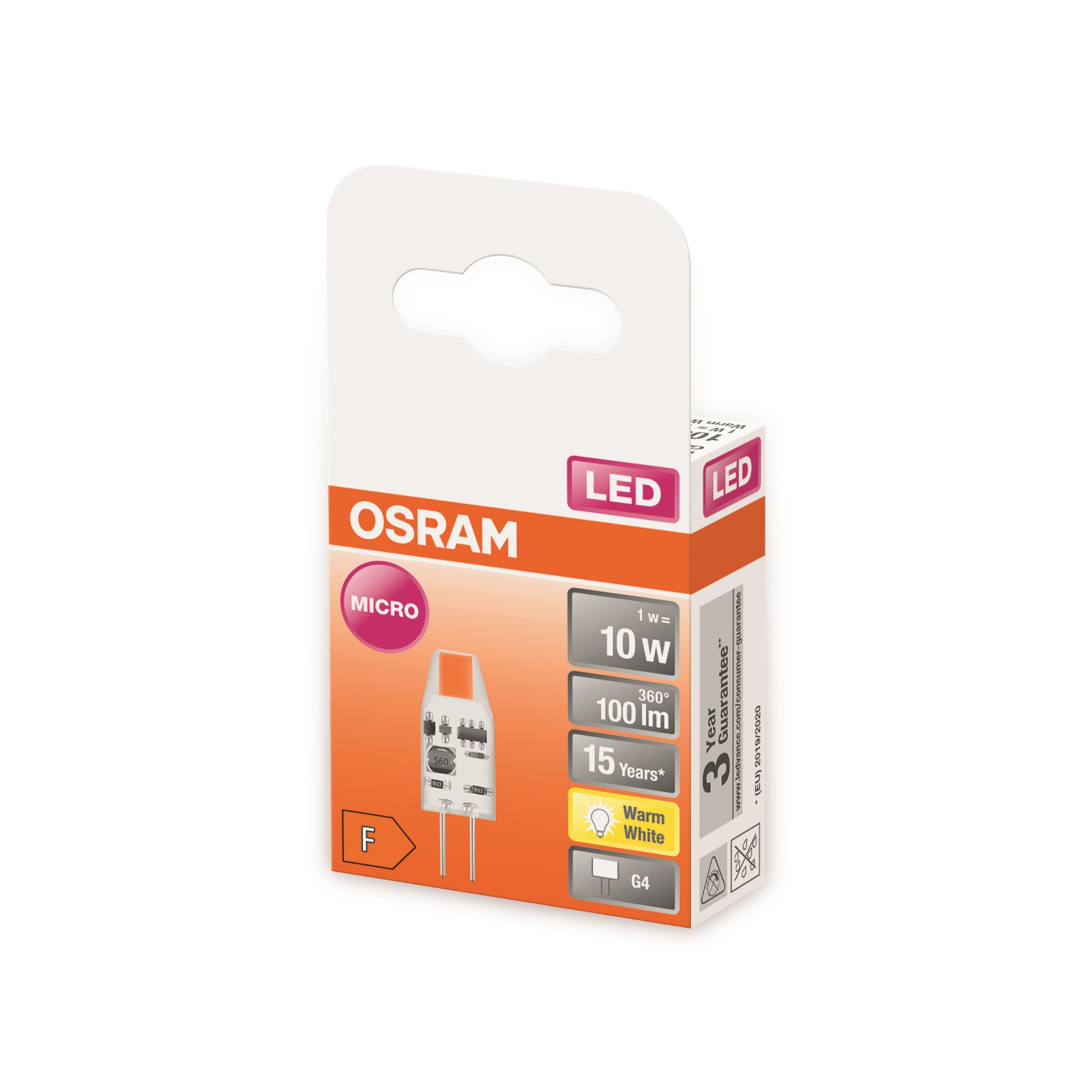 Małe opakowanie żarówki LED z marką OSRAM, pokazujące specyfikacje: 10W, 100lm i 15 lat, na białym tle.