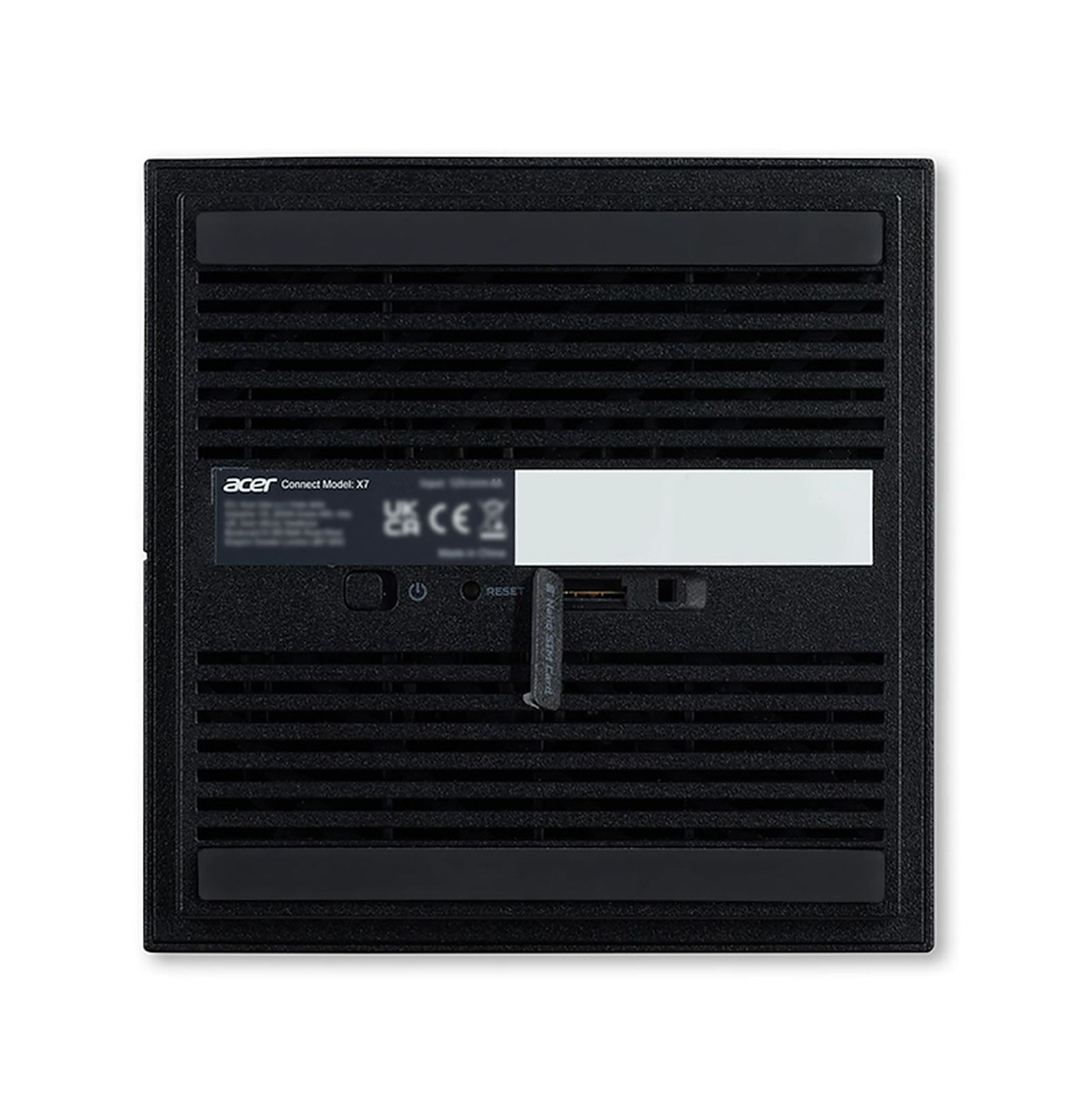 Tył czarnego Acer Connect Model X7. Etykieta, zasilanie, reset i szuflada SIM widoczne.