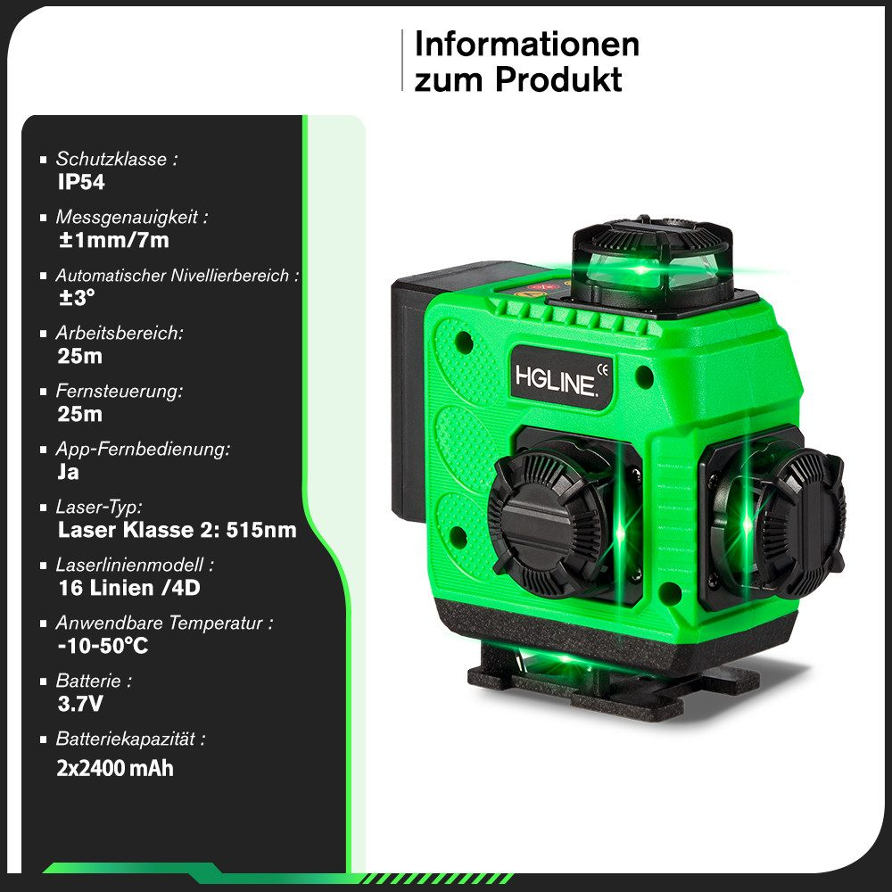 Grüner Laserpegel mit Spezifikationen wie IP54, Reichweite und Batteriedetails. Text enthält Details zum Laser und seinen Funktionen.