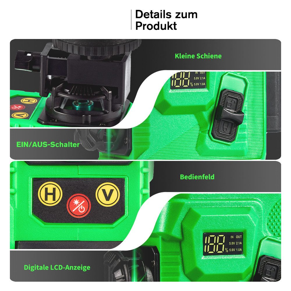 Nahaufnahmen eines grünen Laserpegels, die Bedienfeld, Digitalanzeige und Schalterdetails zeigen.
