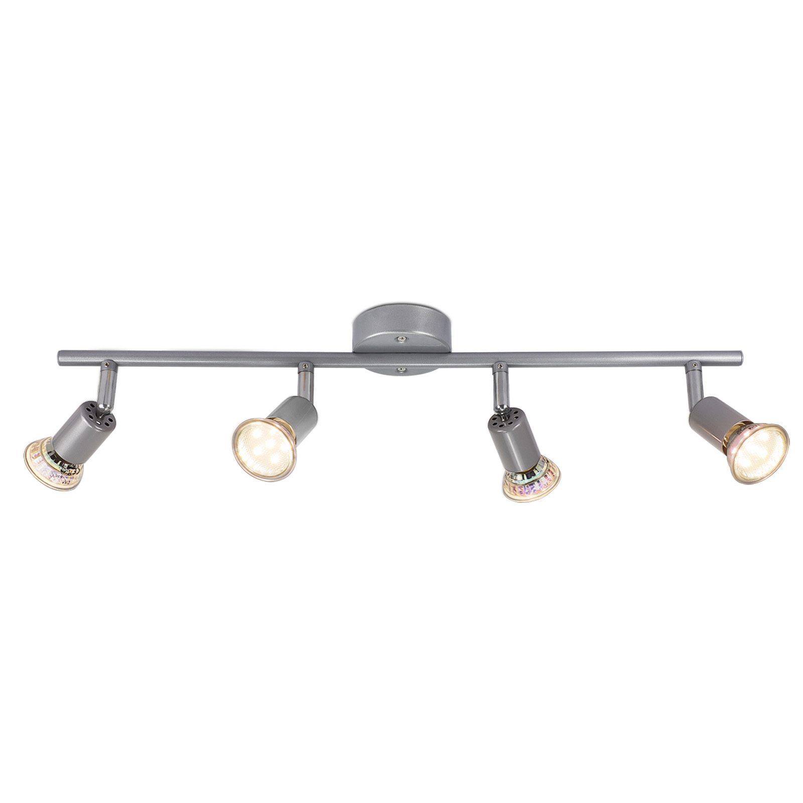 Srebrne oświetlenie szynowe z czterema regulowanymi światłami. Światła skierowane w dół, białe tło.
