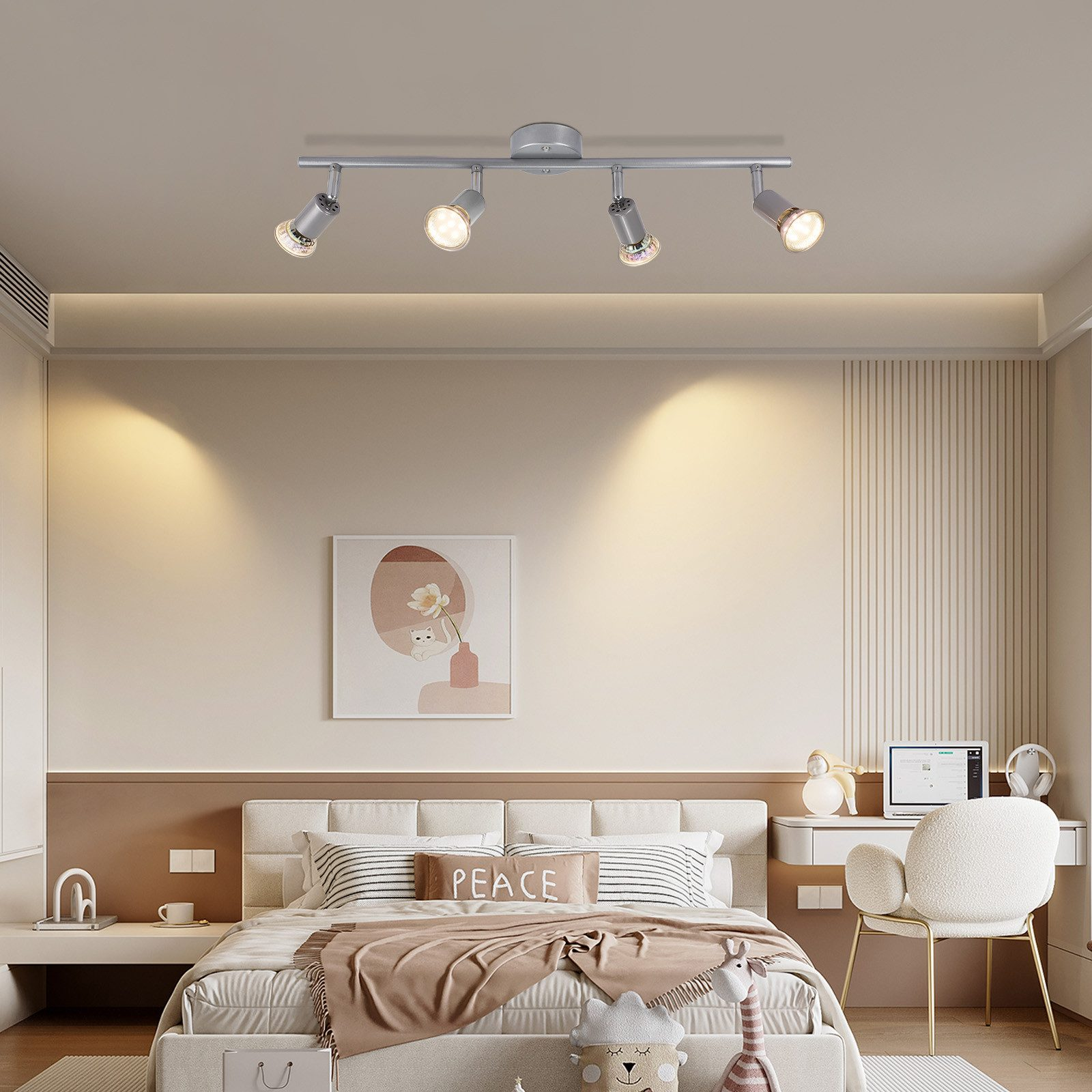 Sypialnia z oświetleniem szynowym. Pokój ma łóżko, biurko i obraz. Oświetlenie jest srebrne.