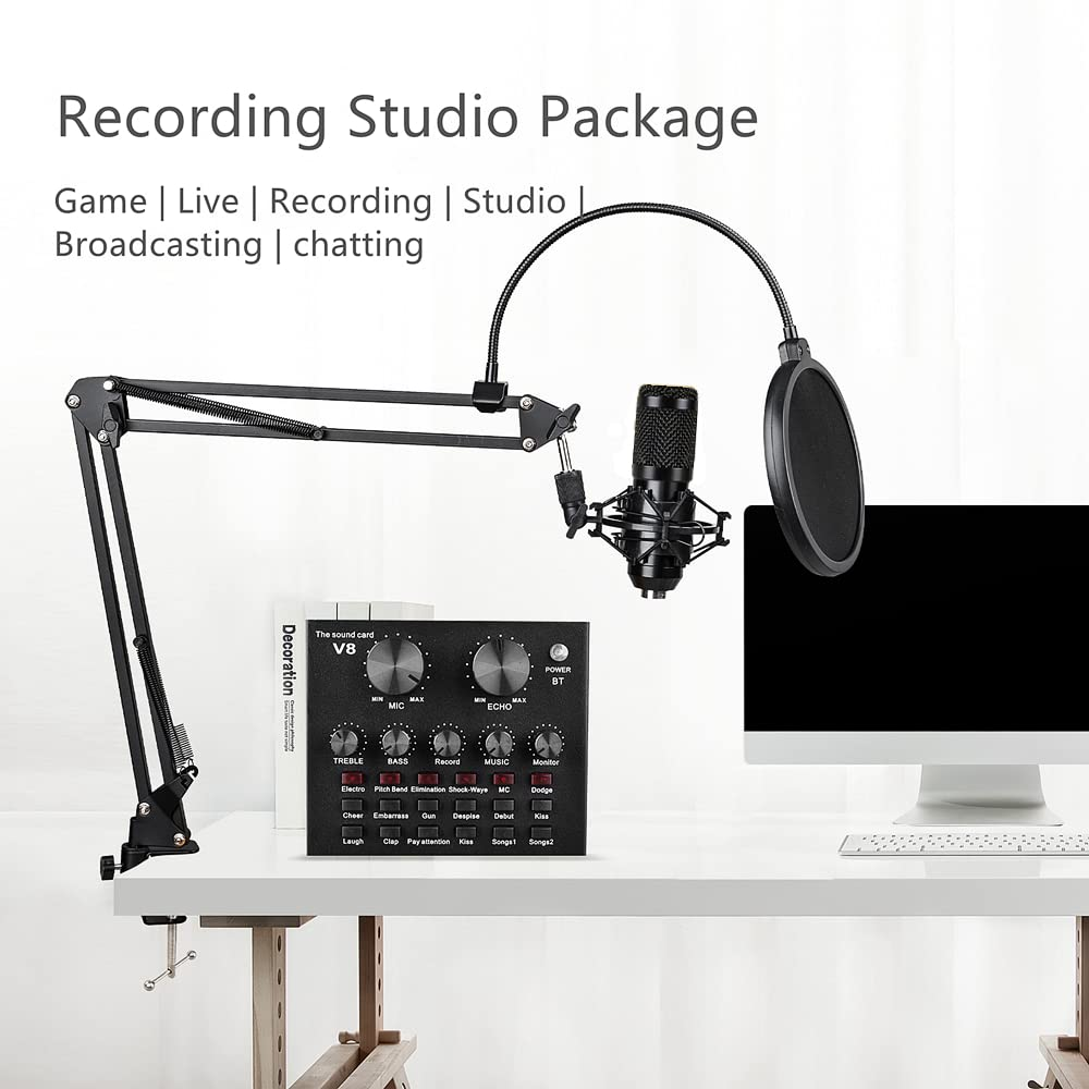 Studio-Setup mit Mikrofon, Ständer und Bedienfeld. Enthält einen Computermonitor und Pop-Filter.
