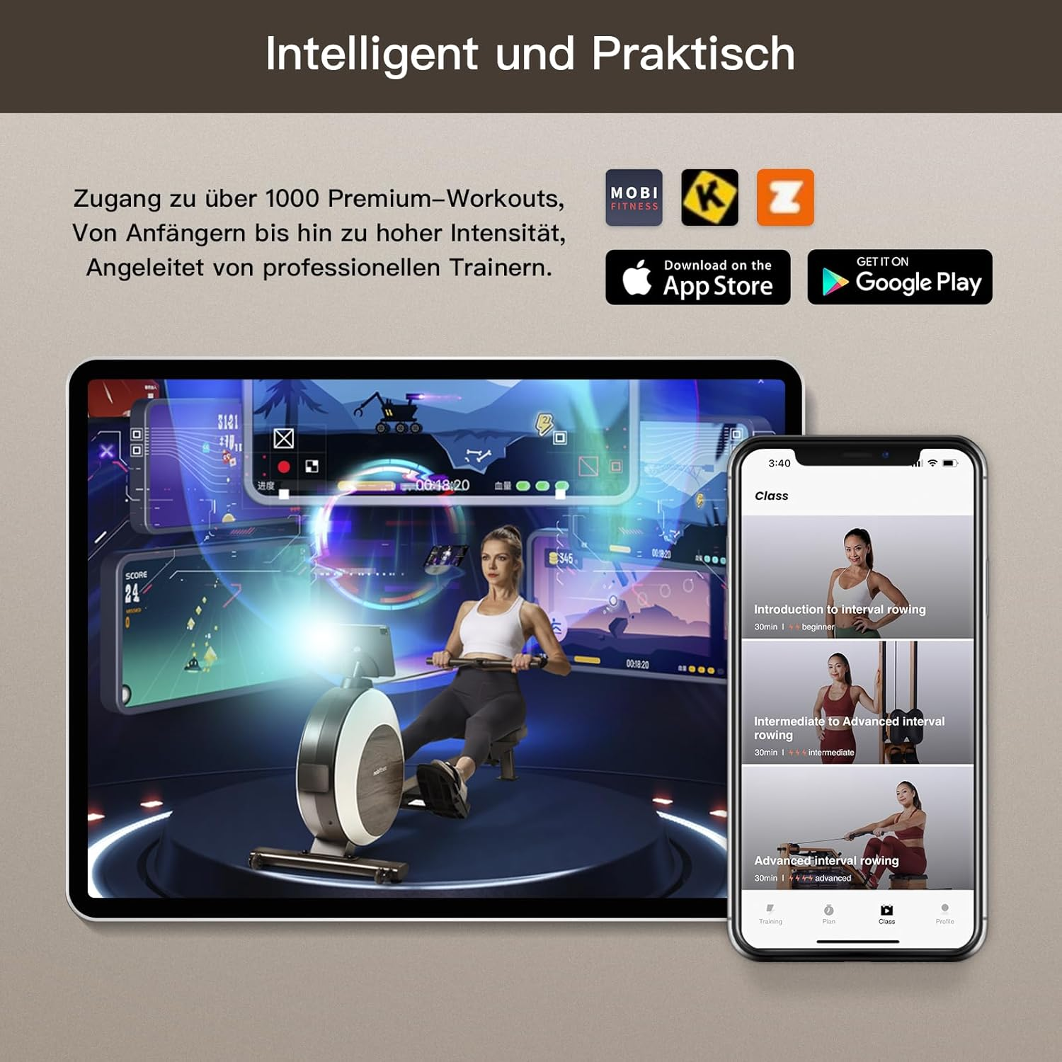 Frau auf einem Rudergerät mit einem Tablet, das einen Kurs anzeigt. Ein Telefon zeigt andere Kurse an.