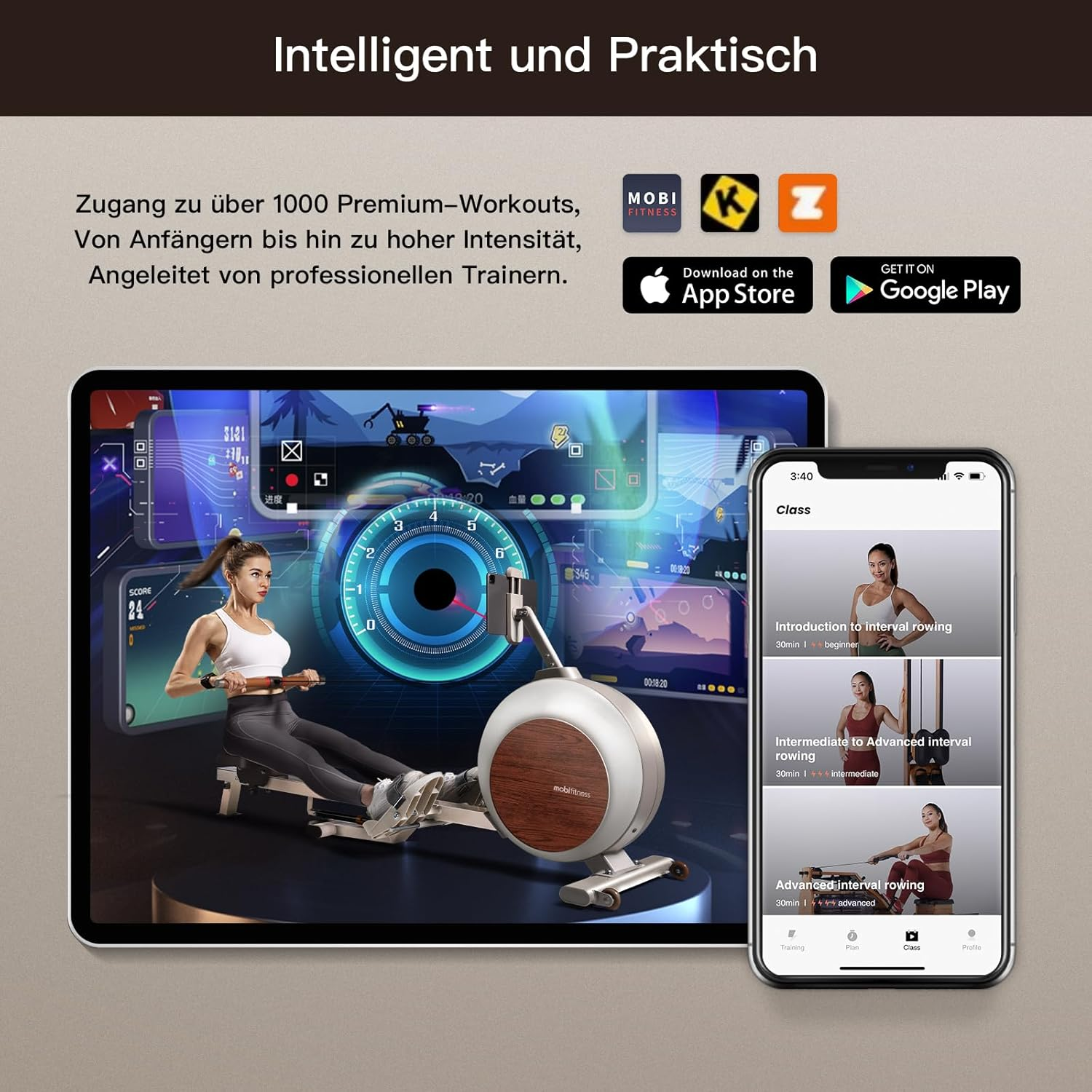 Frau auf einem Rudergerät mit Tablet. Es gibt ein Smartphone, das Trainingskurse zeigt.