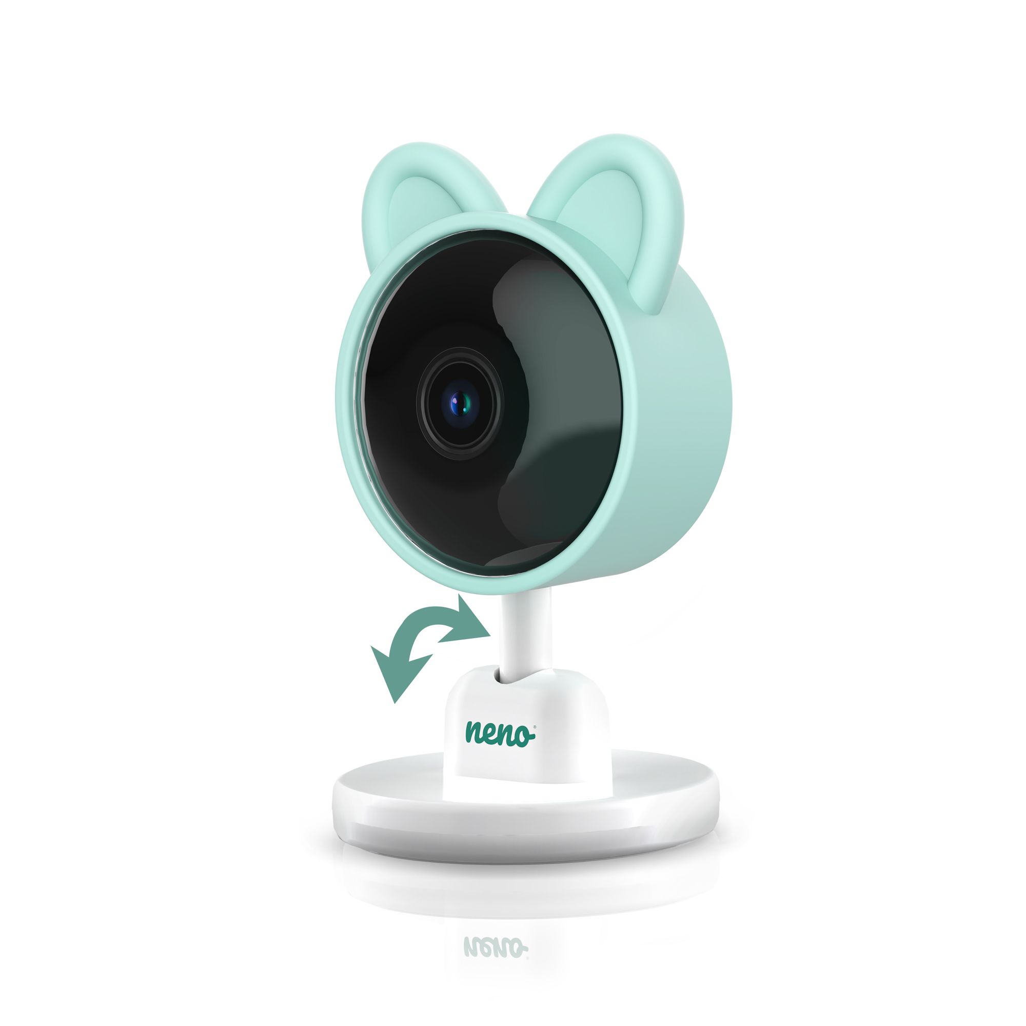 Ein kleiner Babyphone mit einer Kamera in Katzen-Design. Die Kamera hat eine drehbare Basis.