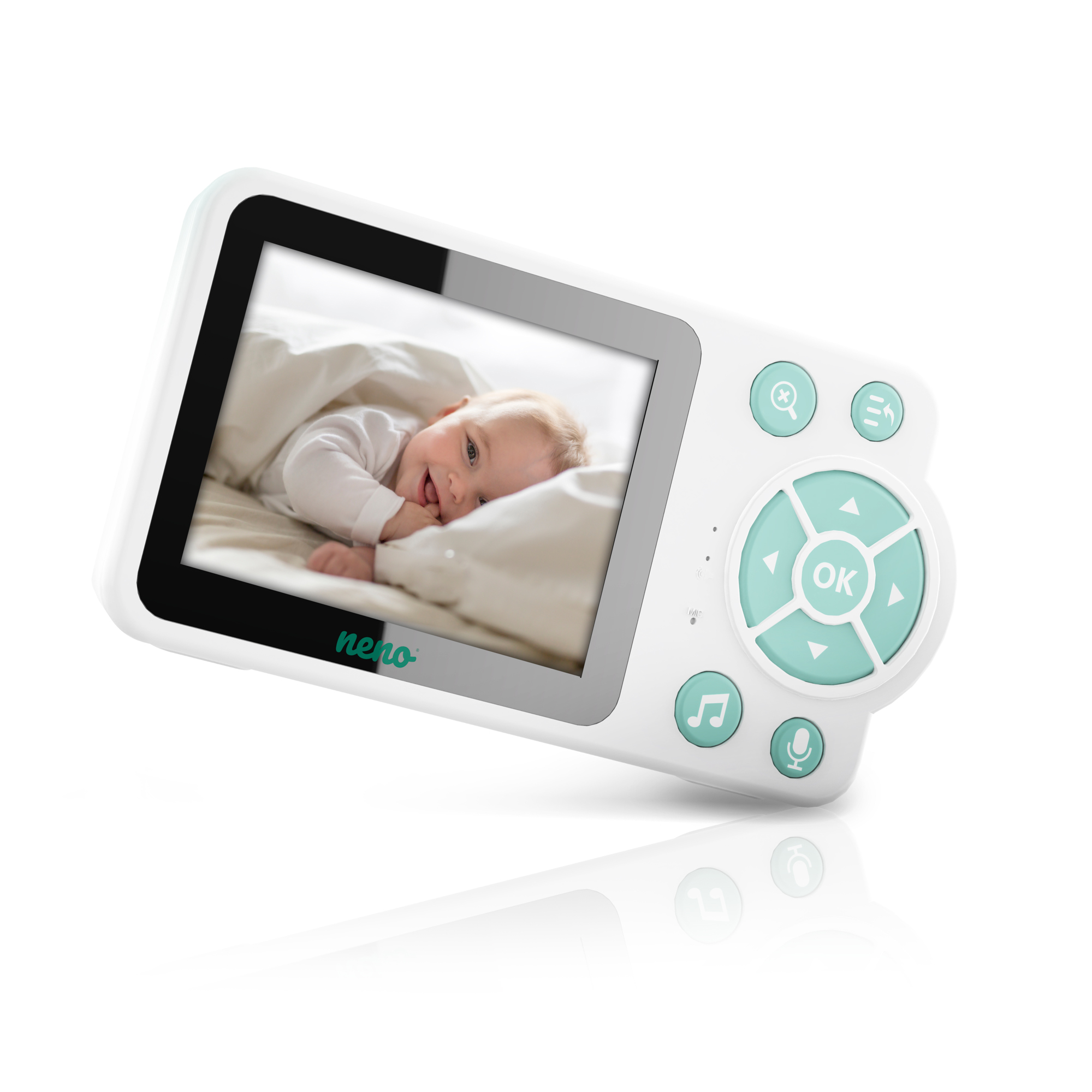 Ein Babyphone mit Bildschirm, der ein Baby zeigt, auf weißem Hintergrund.