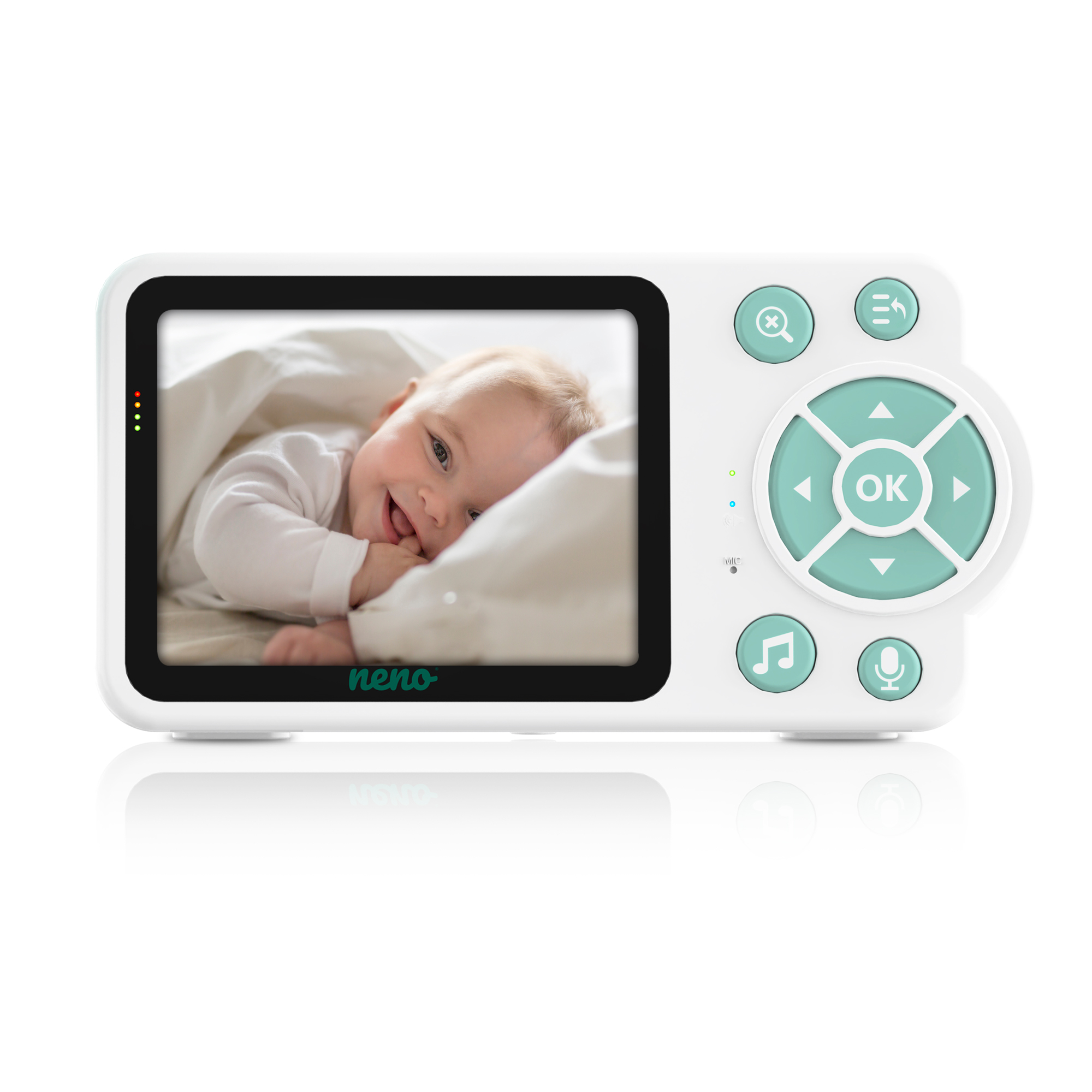 Babyphone-Bildschirm mit Baby und Steuertasten auf weißem Hintergrund.