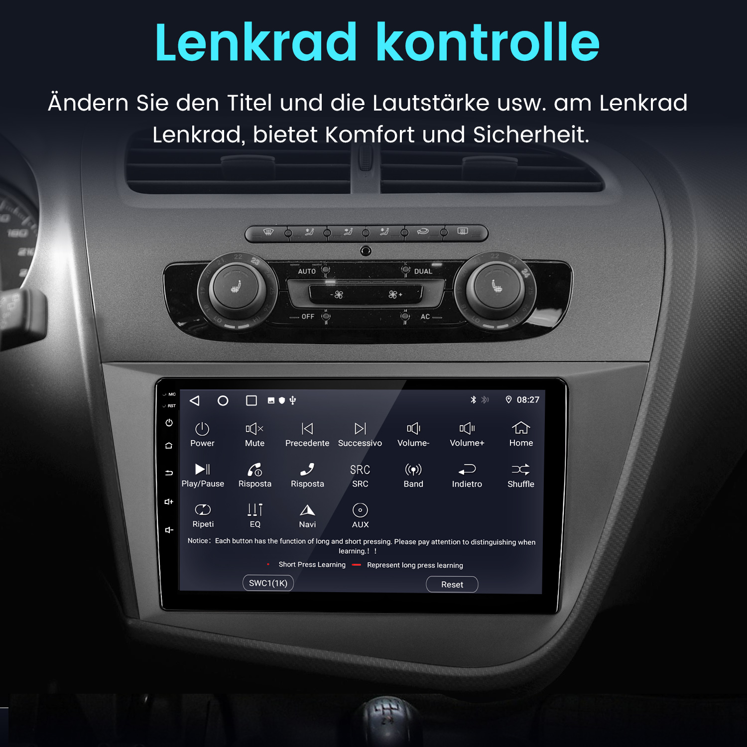 Auto-Armaturenbrettbildschirm mit Fahrzeugnavigation und Funktionstasten, in einem Auto.