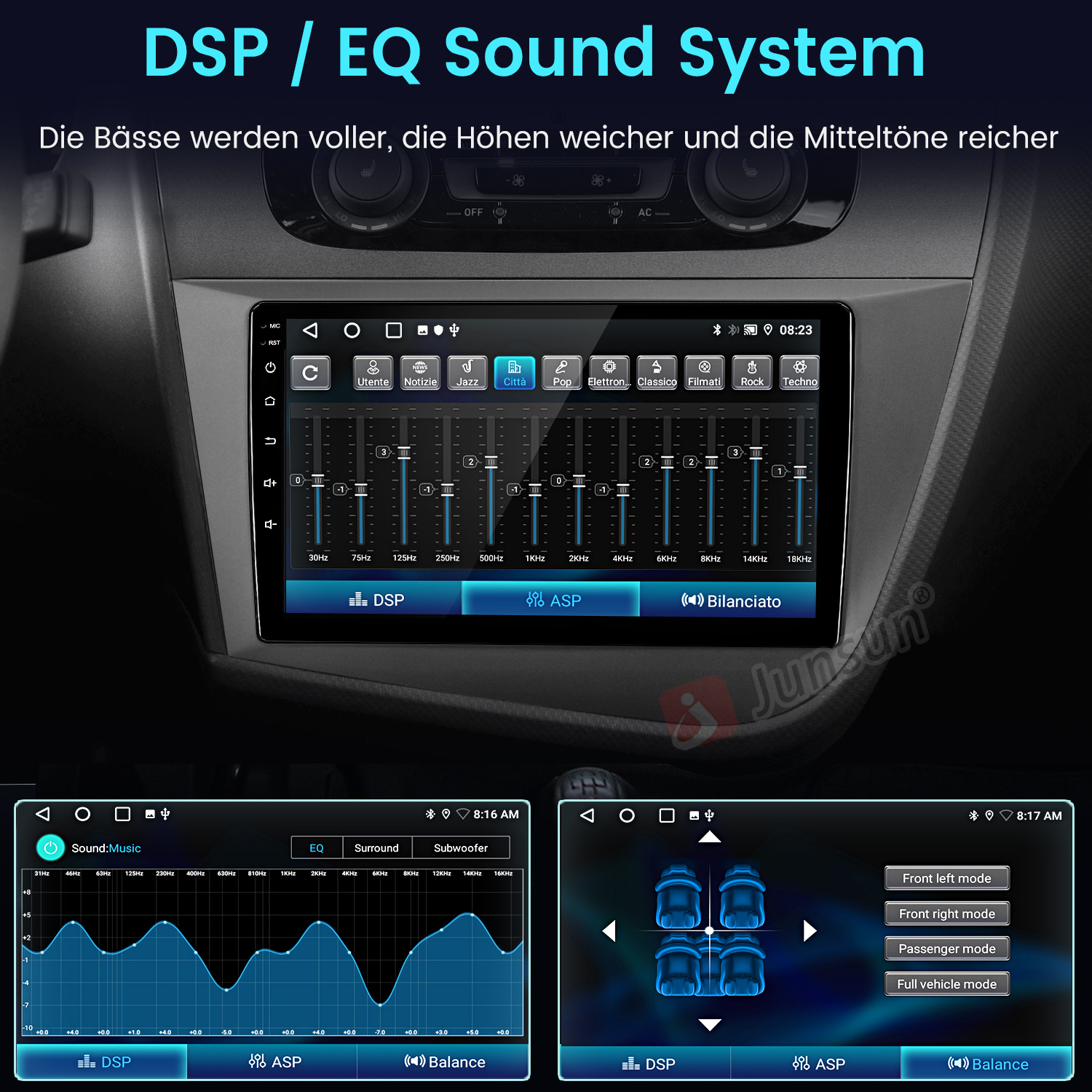Bildschirm des Car-Multimedia-Systems, der EQ-Einstellungen und verschiedene Audiowiedergabeoptionen zeigt.