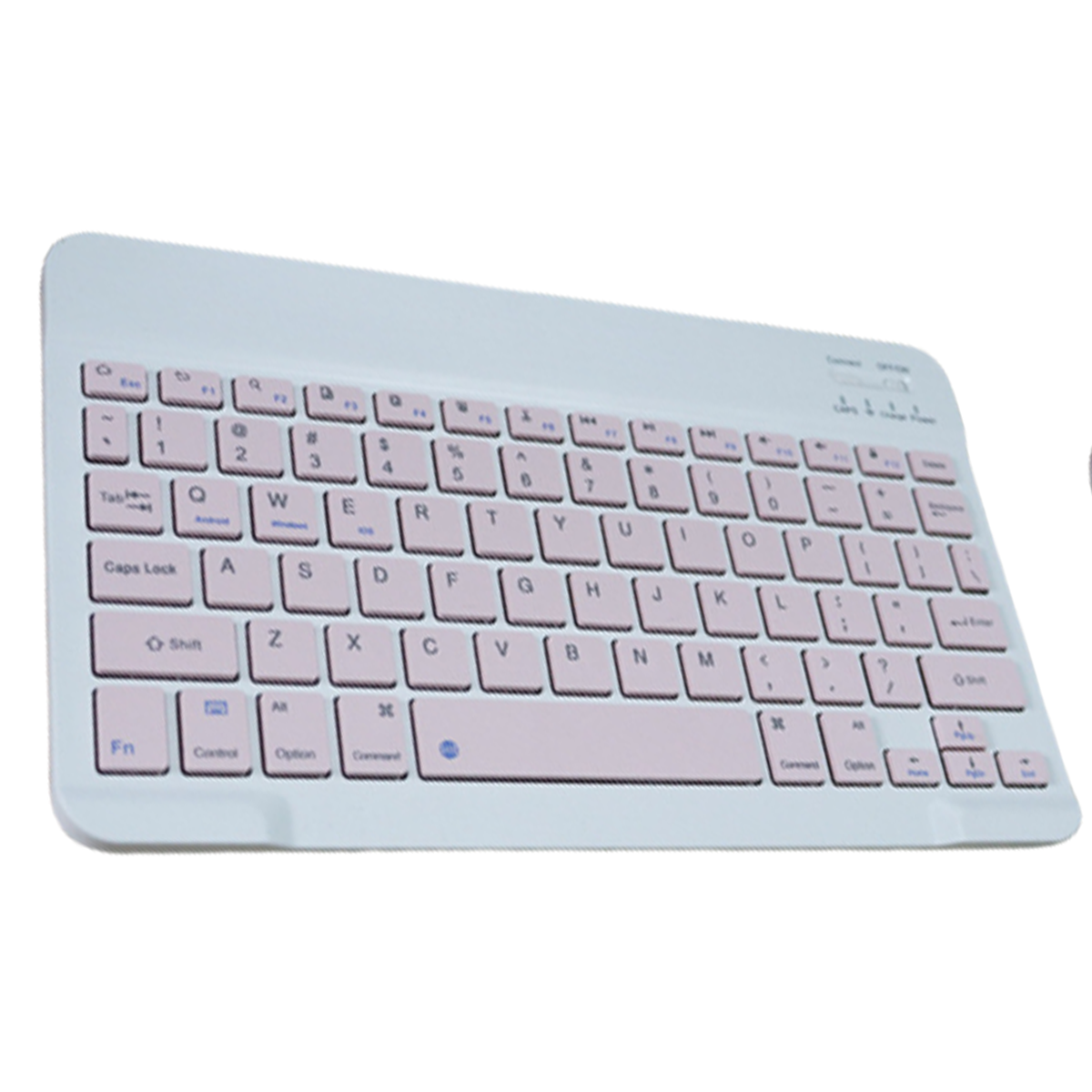 Eine hellgraue Tastatur mit rosa Tasten. Die Tastatur liegt auf einer weißen Oberfläche.