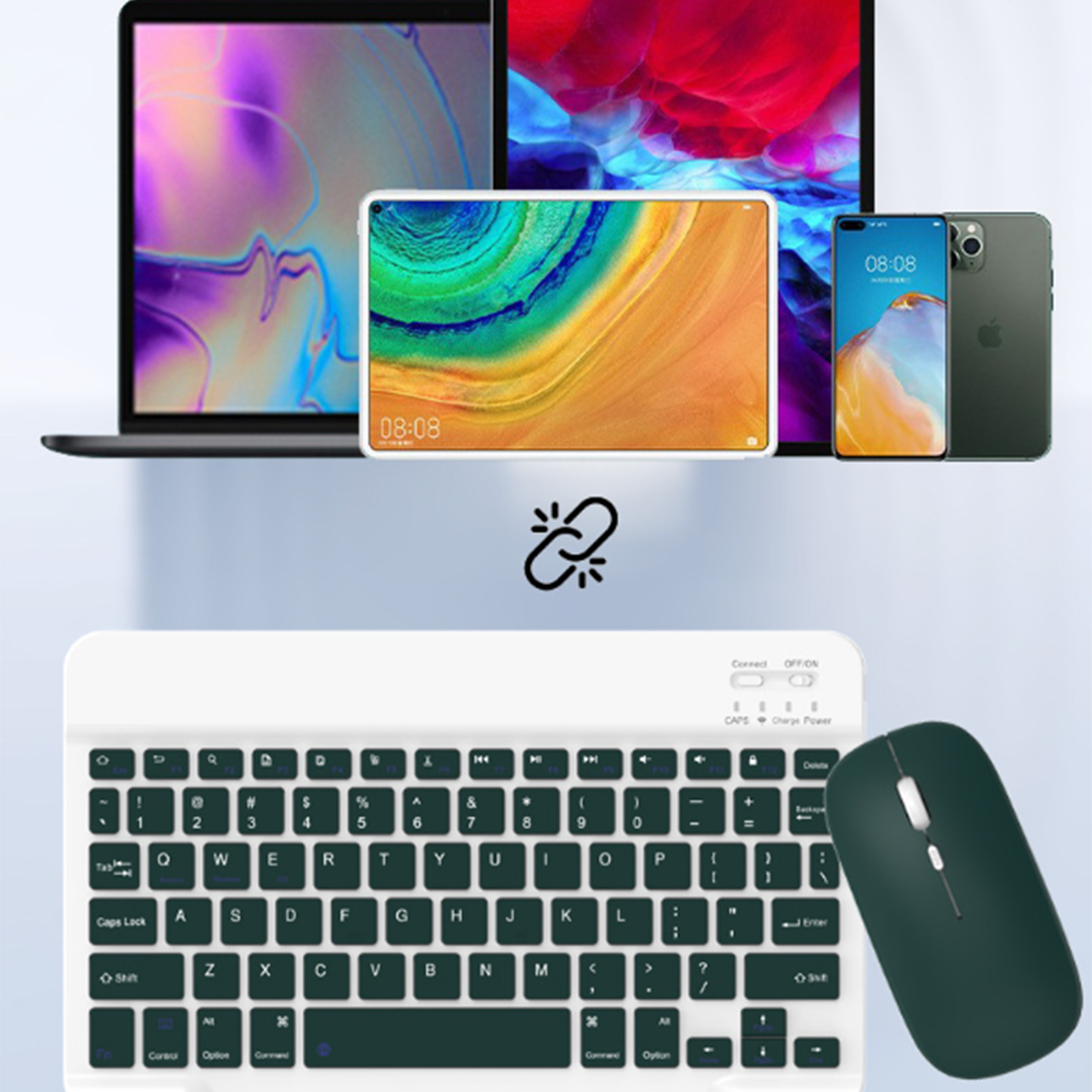 Laptop, Tablet und Telefon, verbunden mit Tastatur und Maus auf weißer Oberfläche.