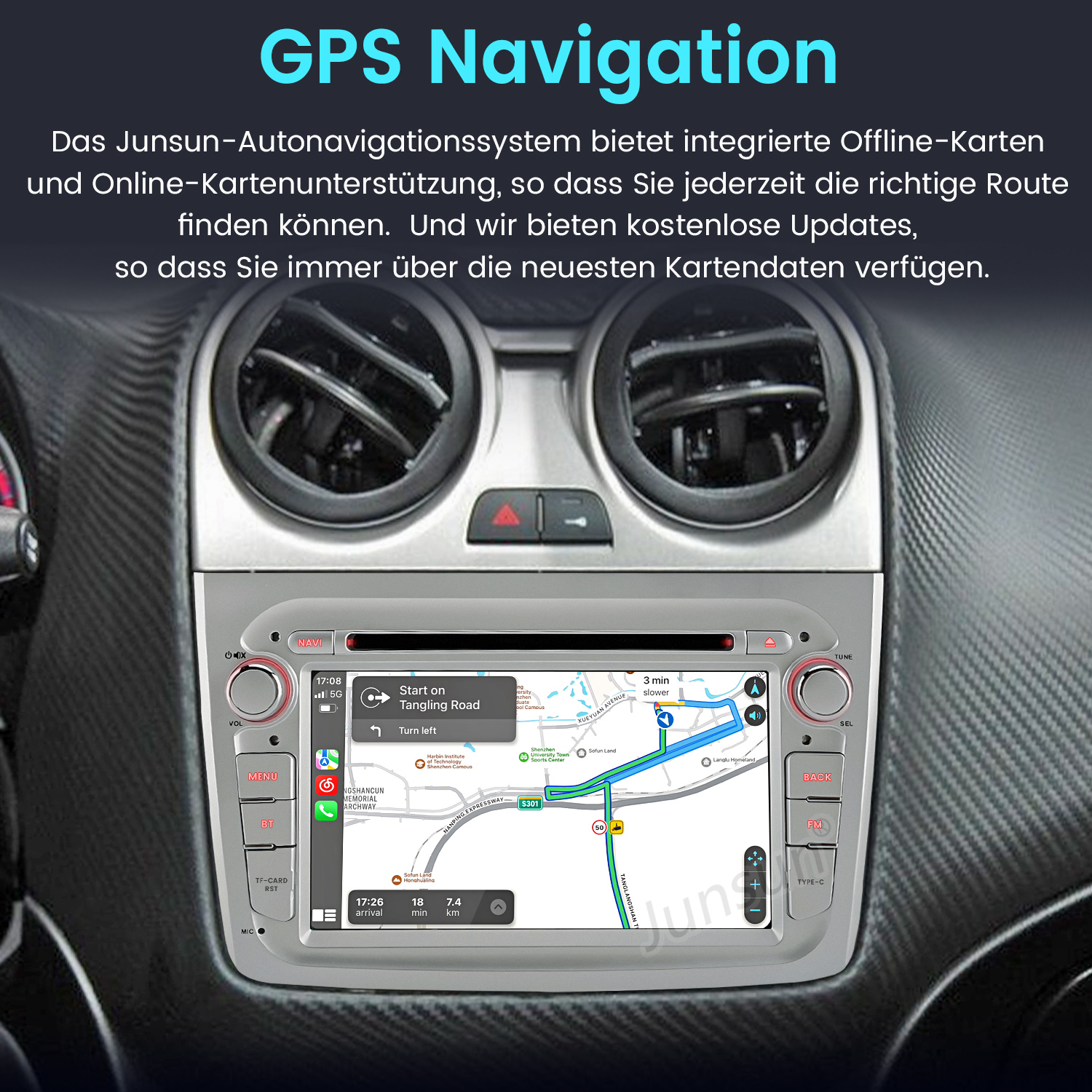 Radio samochodowe z ekranem nawigacji GPS wyświetlającym mapę. Szara deska rozdzielcza z otworami wentylacyjnymi i radiem samochodowym. GPS.