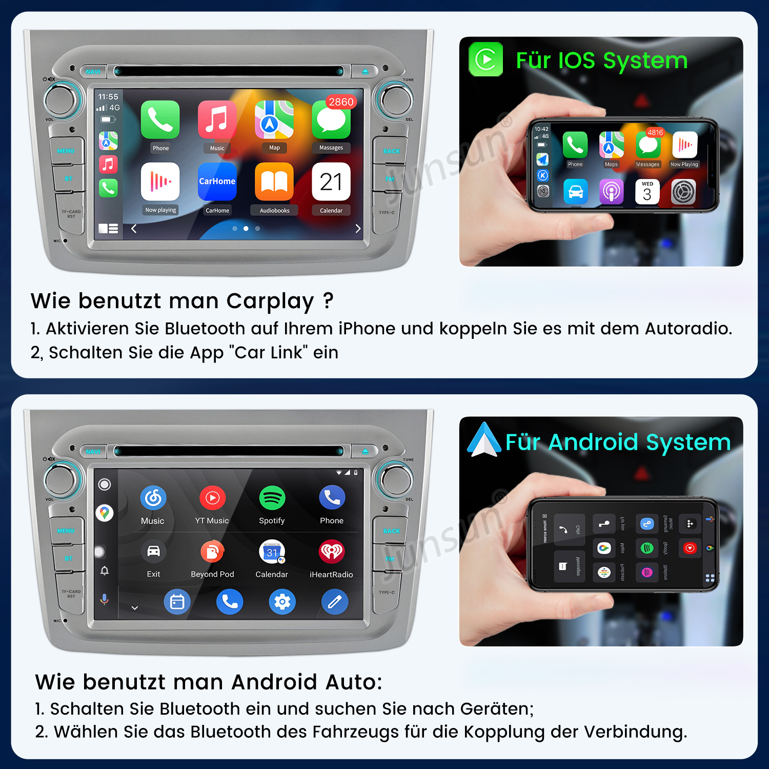 Interfejsy CarPlay i Android Auto na ekranie radia samochodowego. Wyświetlane są instrukcje dotyczące korzystania z tych systemów.