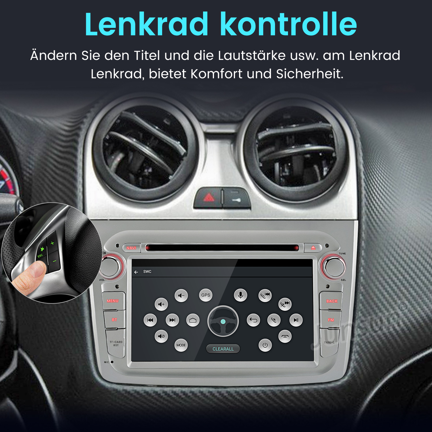 Autoradio installiert. Der Bildschirm zeigt Einstellungen an. Lenkradsteuerung und Armaturenbrett im Auto. Schwarzer Innenraum.