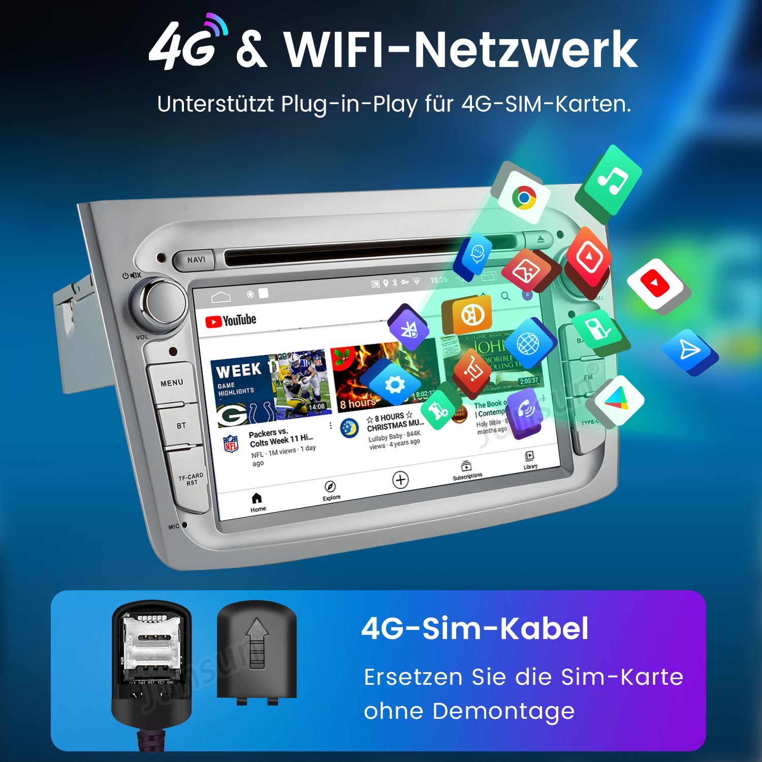 Radio samochodowe z wyświetlaczem pokazującym aplikacje, w tym YouTube. Gniazdo i kabel karty SIM 4G. Aplikacje na ekranie.