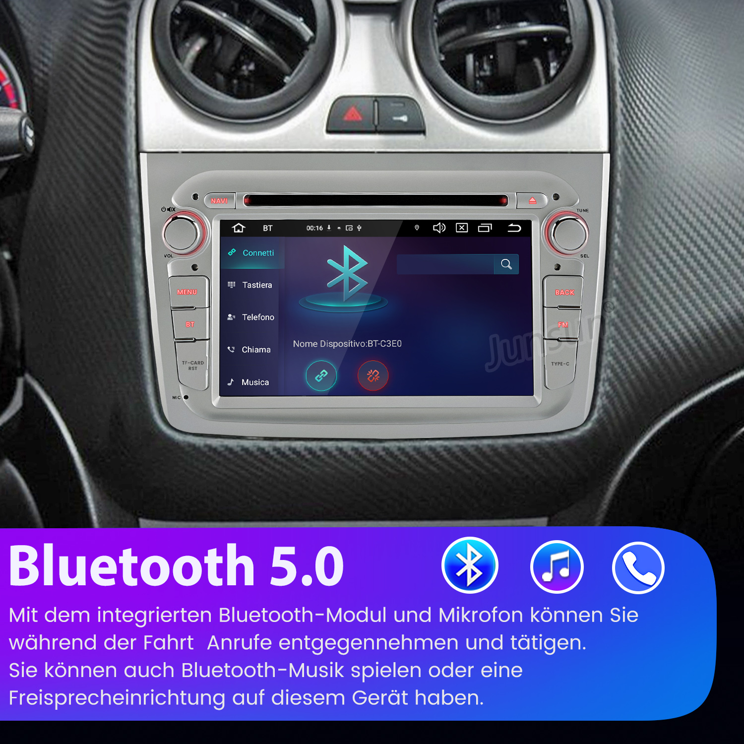 Autoradio mit Bildschirm, der Verbindungsoptionen anzeigt. Tasten für Navigation und Musik sind sichtbar. Bluetooth 5.0 wird beworben.